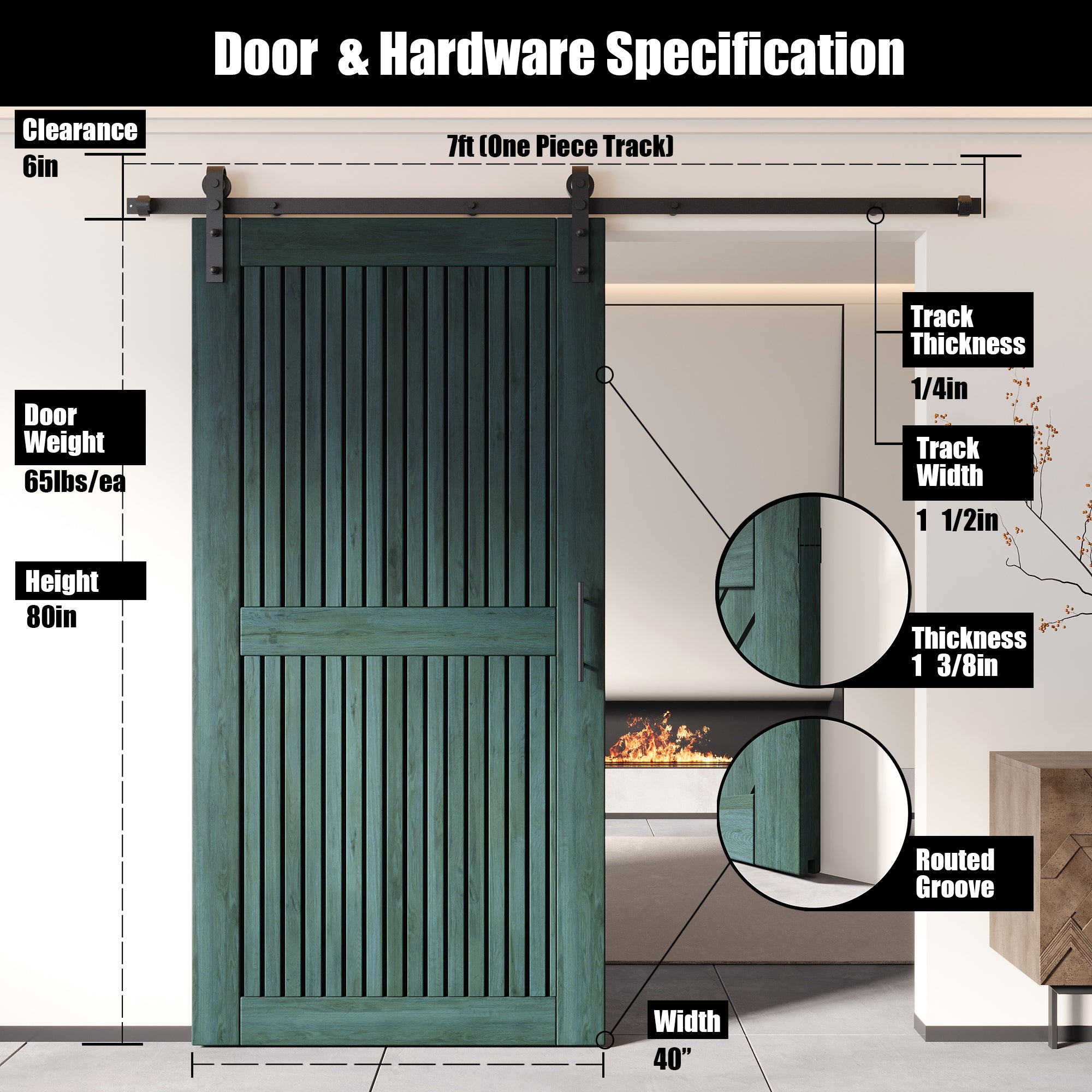 80" Height Royal Pine Vertical Stripe Design Unassembled & Finished Pine Wood Barn Door with Non-Bypass Installation Hardware Kit(Interior Use Only)
