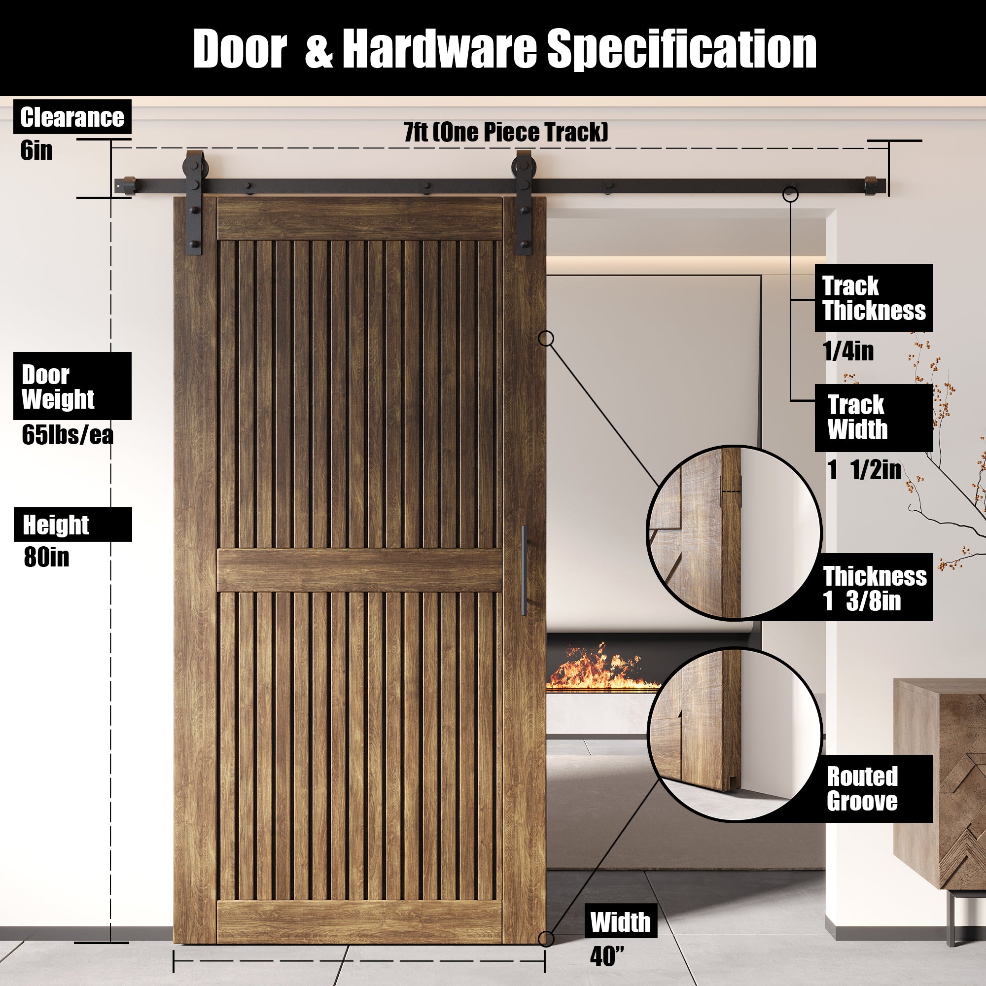 80" Height Dark Walnut Vertical Stripe Design Unassembled & Finished Pine Wood Barn Door with Non-Bypass Installation Hardware Kit(Interior Use Only)