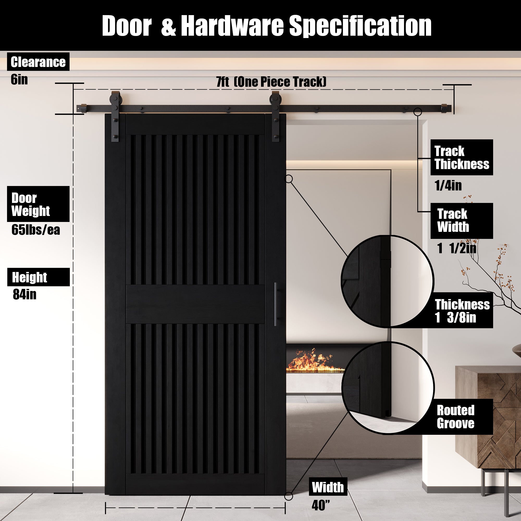 84" Height Black Vertical Stripe Design Unassembled & Finished Pine Wood Barn Door with Non-Bypass Installation Hardware Kit(Interior Use Only)