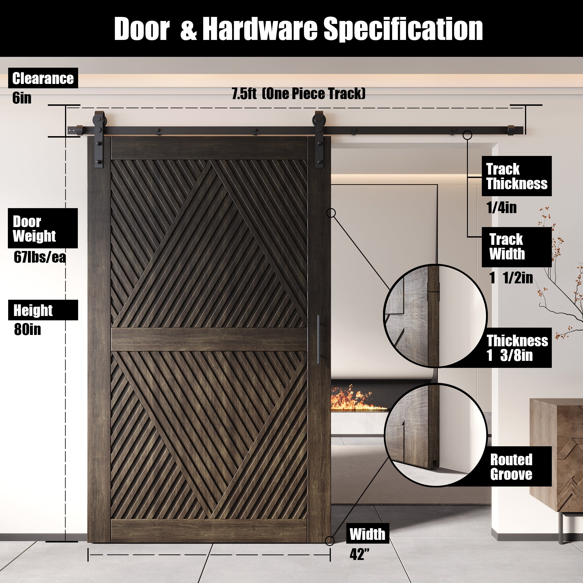 80" Height Ebony Diamond Design Unassembled & Finished Pine Wood Barn Door with Non-Bypass Installation Hardware Kit(Interior Use Only)