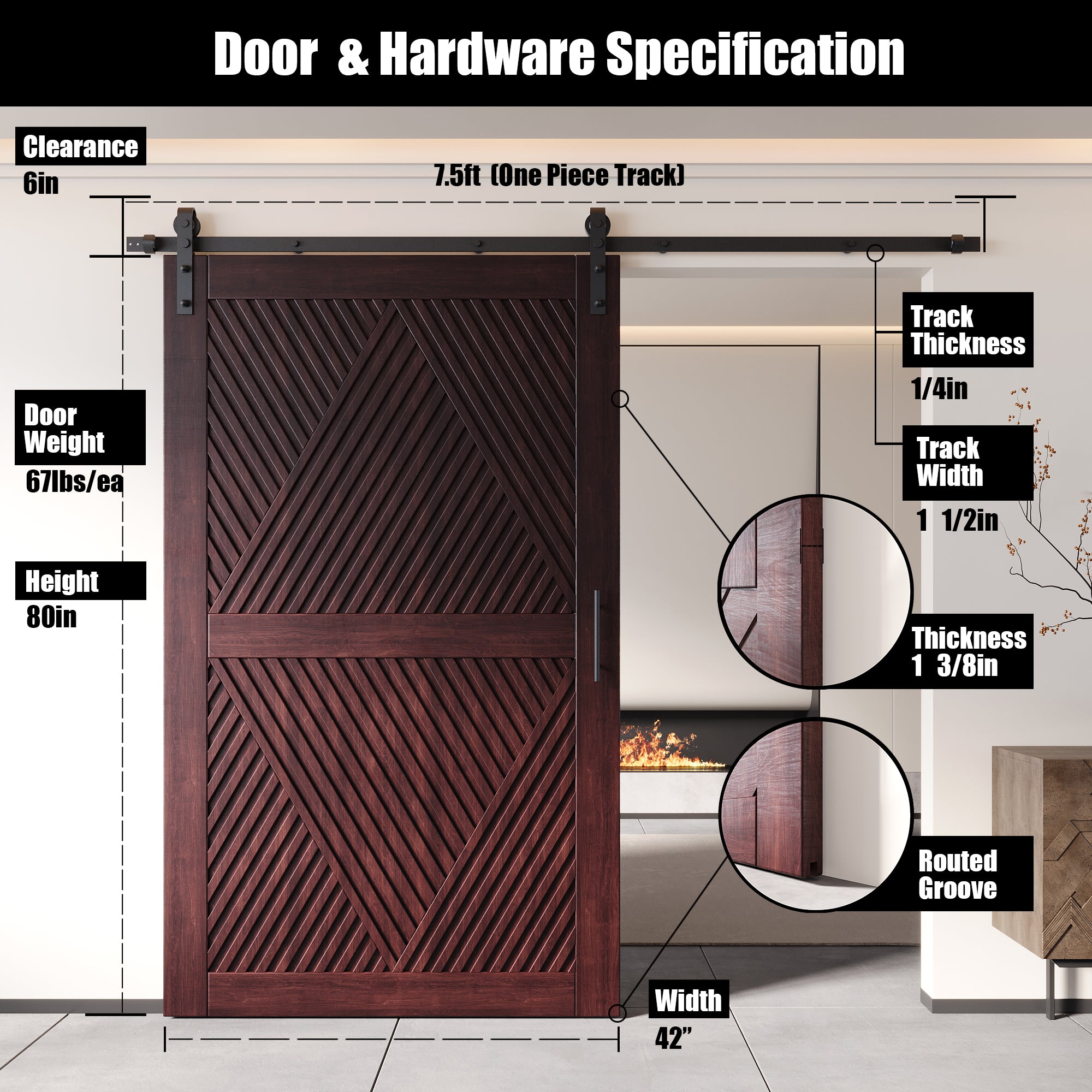 80" Height Red Mahogany Diamond Design Unassembled & Finished Pine Wood Barn Door with Non-Bypass Installation Hardware Kit(Interior Use Only)