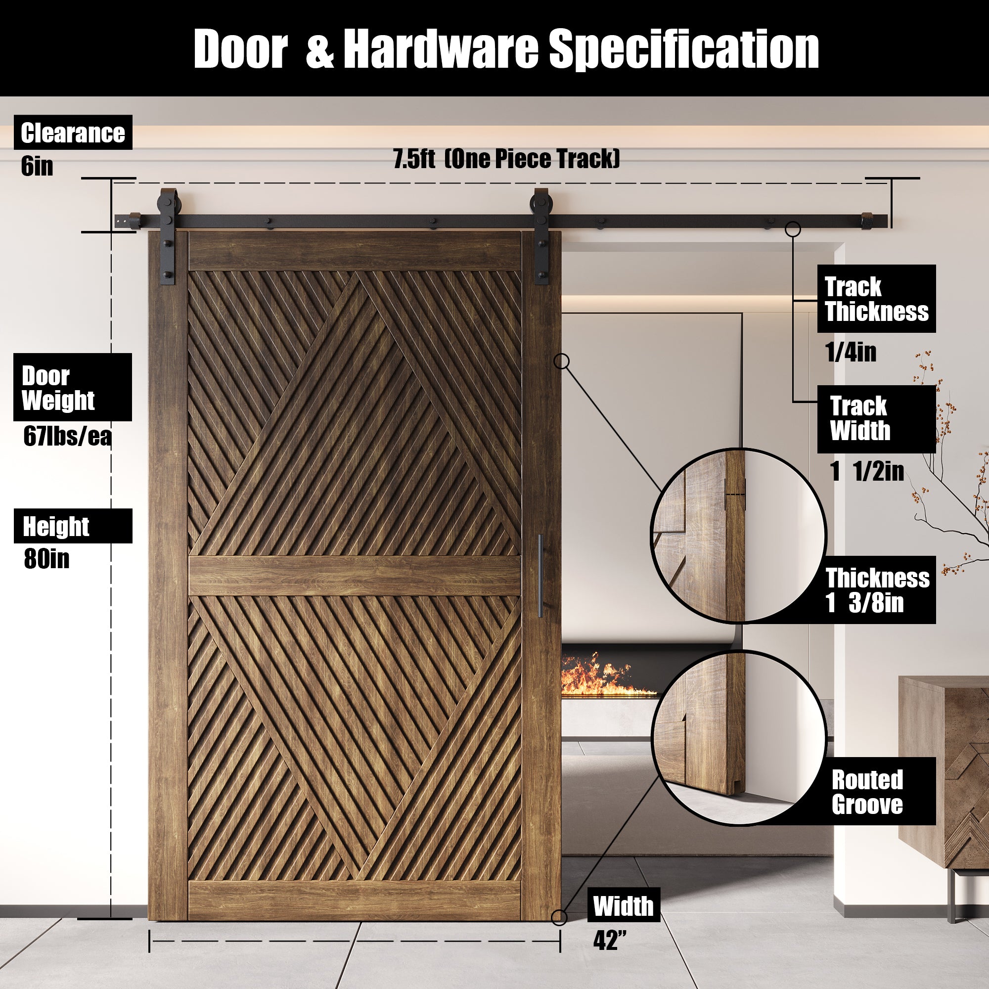 80" Height Dark Walnut Diamond Design Unassembled & Finished Pine Wood Barn Door with Non-Bypass Installation Hardware Kit(Interior Use Only)