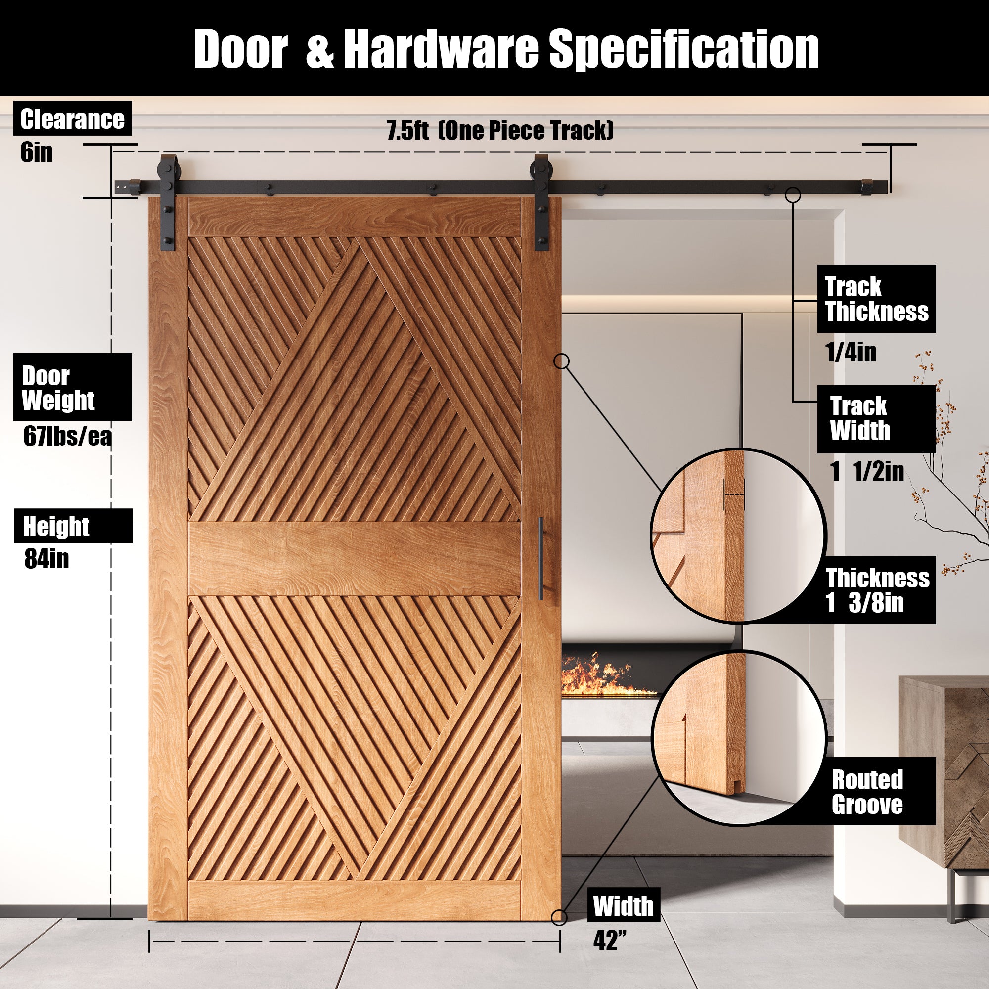 84" Height Early American Diamond Design Unassembled & Finished Pine Wood Barn Door with Non-Bypass Installation Hardware Kit(Interior Use Only)