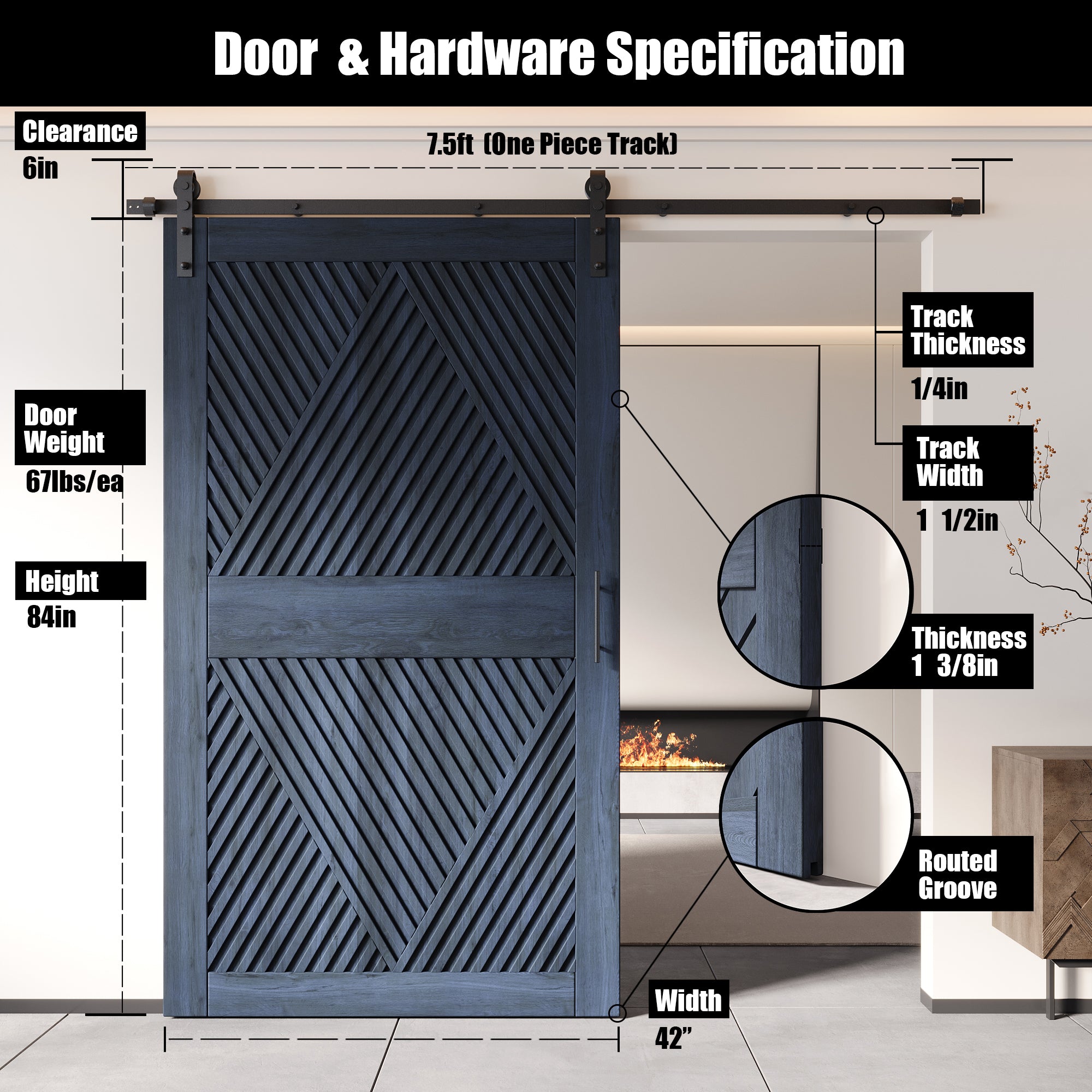 84" Height Navy Diamond Design Unassembled & Finished Pine Wood Barn Door with Non-Bypass Installation Hardware Kit(Interior Use Only)