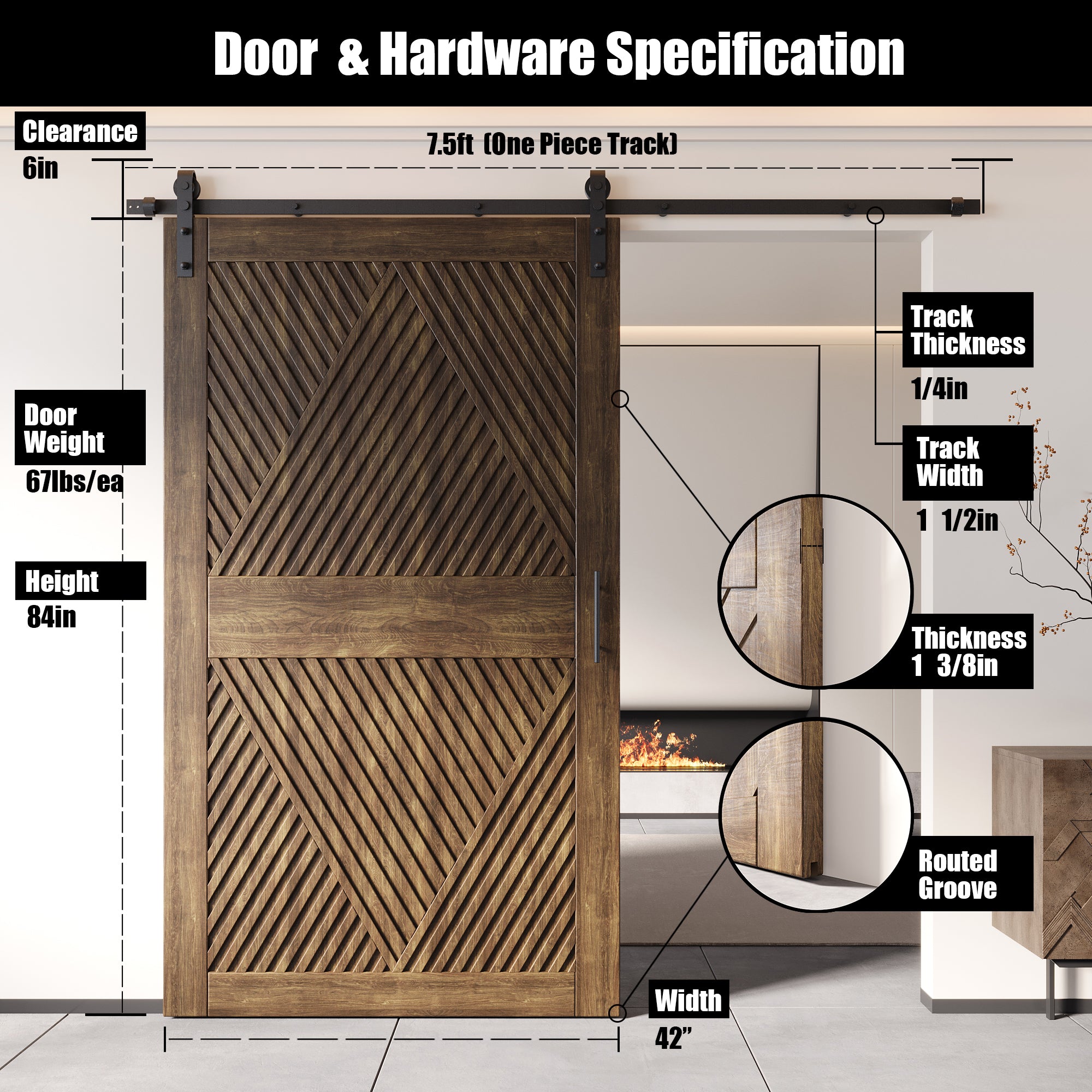 84" Height Dark Walnut Diamond Design Unassembled & Finished Pine Wood Barn Door with Non-Bypass Installation Hardware Kit(Interior Use Only)