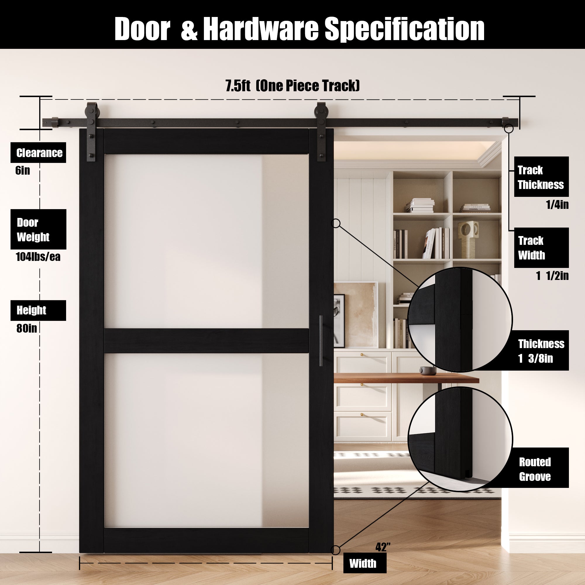 80" Height Black 2-Lite Frosted Glass Unassembled & Finished Pine Wood Barn Door with Non-Bypass Installation Hardware Kit (Interior Use Only)