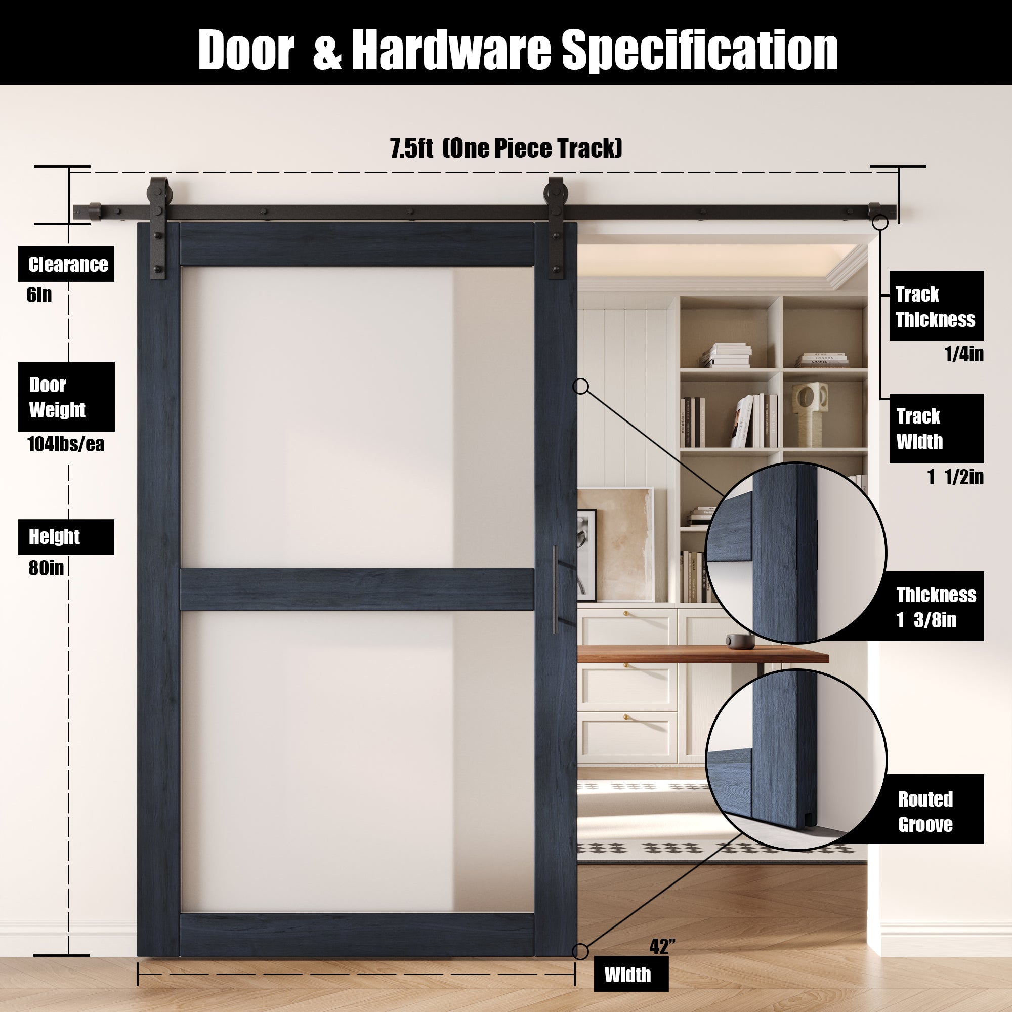 80" Height Navy 2-Lite Frosted Glass Unassembled & Finished Pine Wood Barn Door with Non-Bypass Installation Hardware Kit (Interior Use Only)