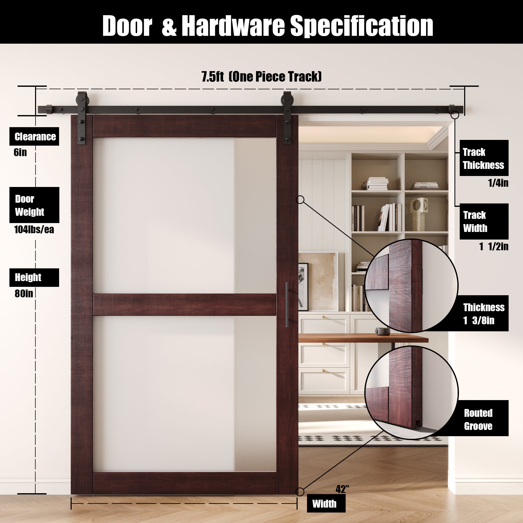 80" Height Red Mahogany 2-Lite Frosted Glass Unassembled & Finished Pine Wood Barn Door with Non-Bypass Installation Hardware Kit (Interior Use Only)
