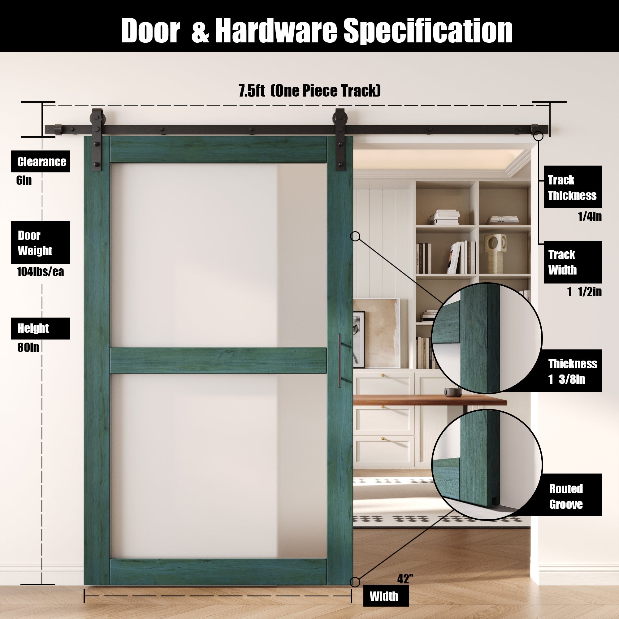 80" Height Royal Pine 2-Lite Frosted Glass Unassembled & Finished Pine Wood Barn Door with Non-Bypass Installation Hardware Kit (Interior Use Only)