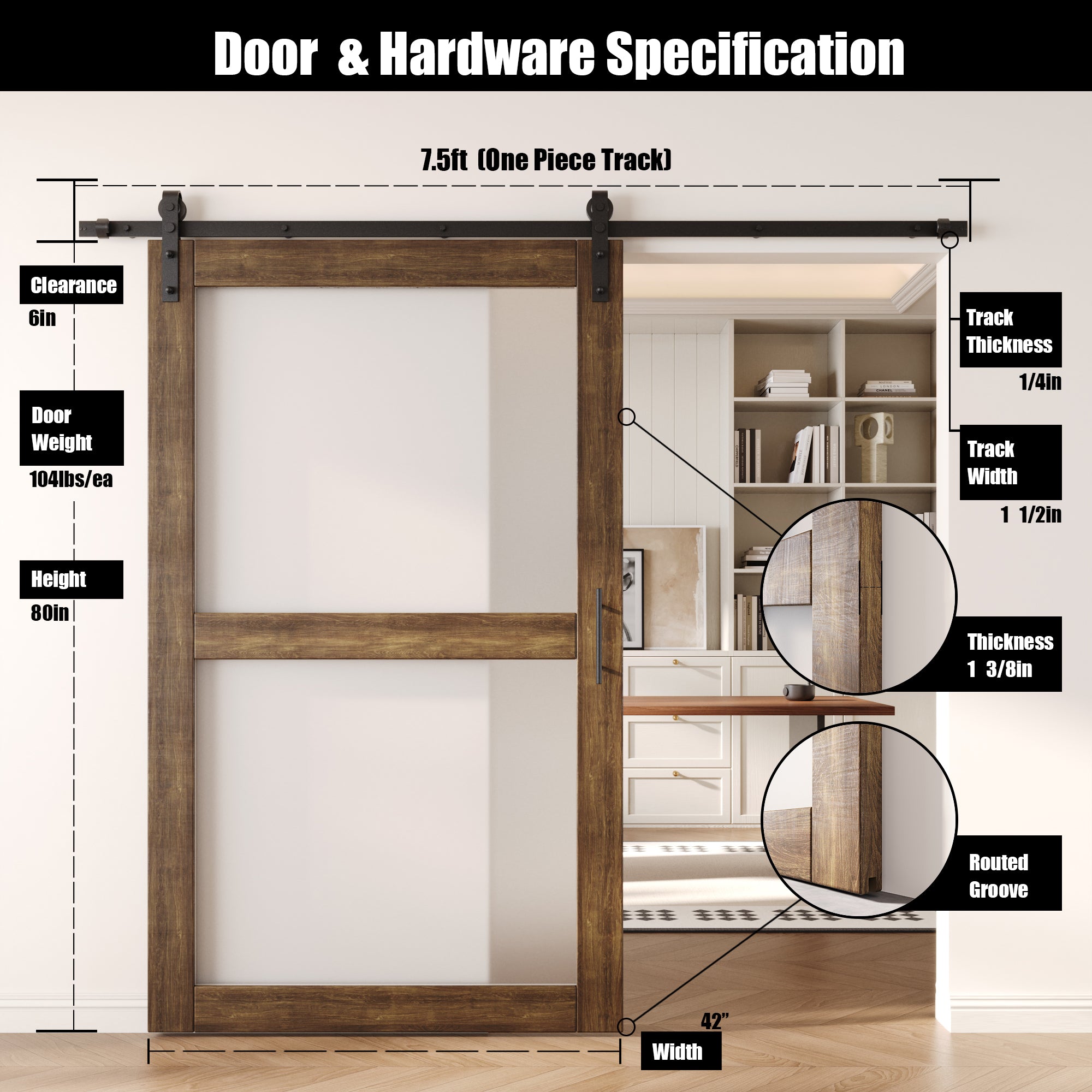 80" Height Dark Walnut 2-Lite Frosted Glass Unassembled & Finished Pine Wood Barn Door with Non-Bypass Installation Hardware Kit (Interior Use Only)