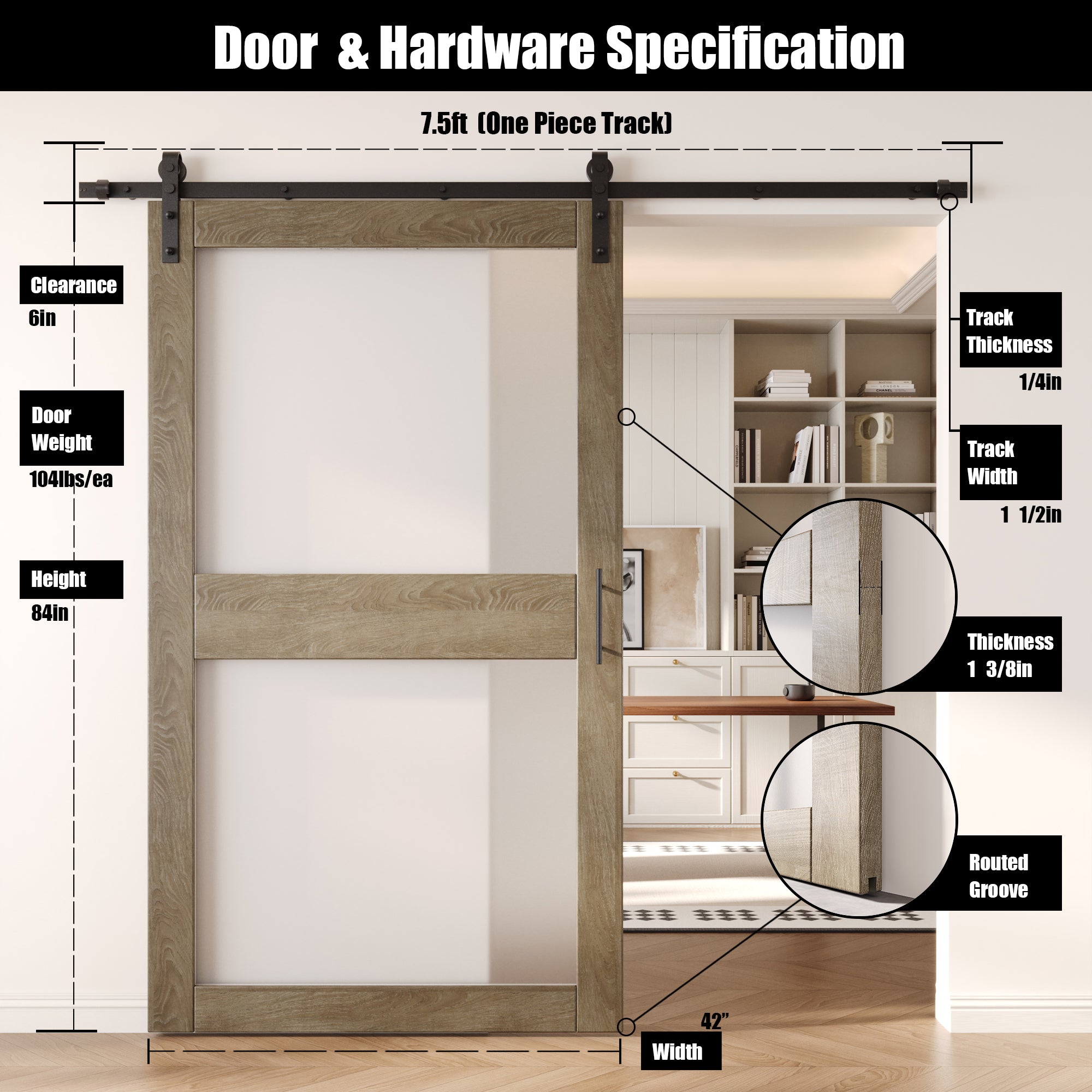 84" Height Classic Gray 2-Lite Frosted Glass Unassembled & Finished Pine Wood Barn Door with Non-Bypass Installation Hardware Kit (Interior Use Only)