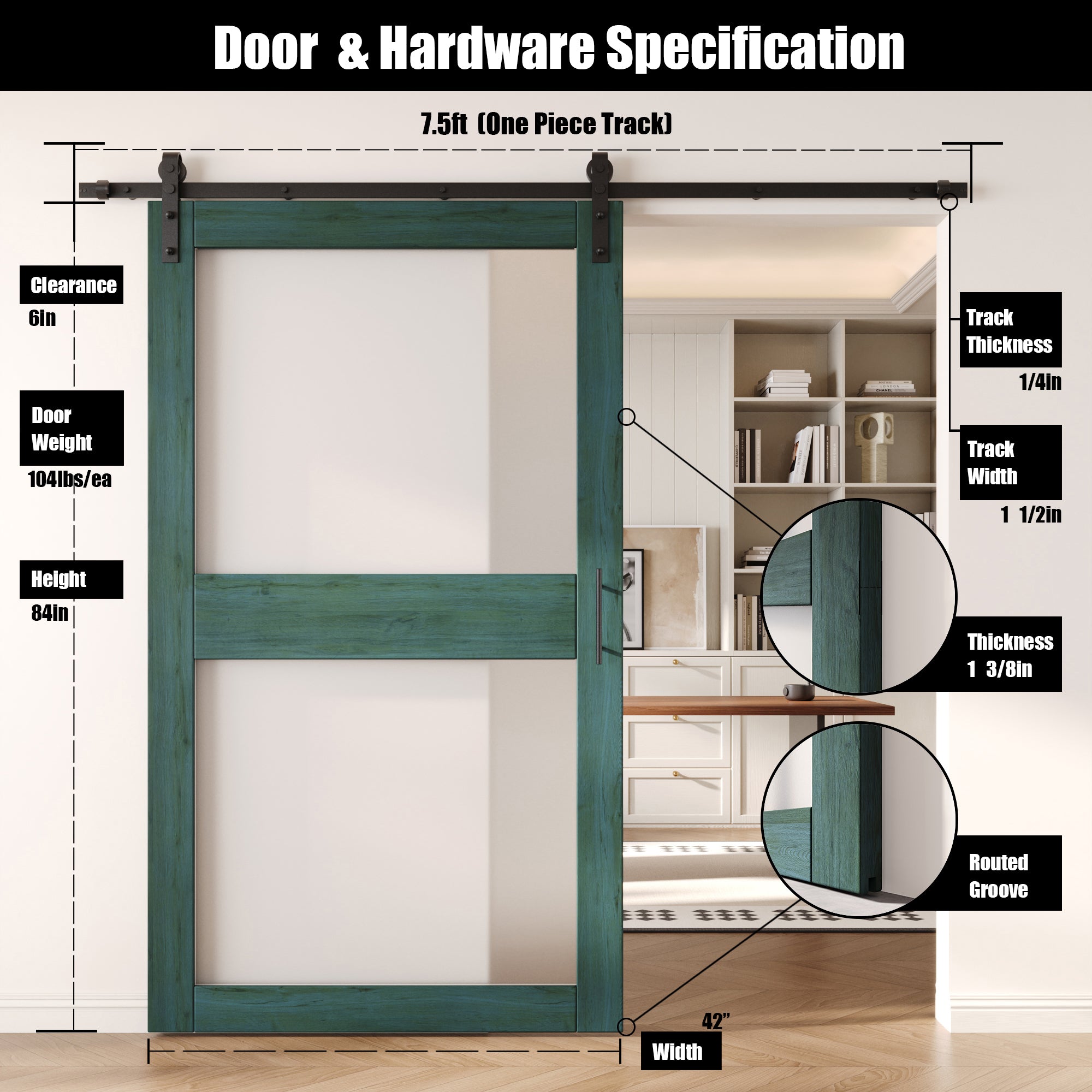 84" Height Royal Pine 2-Lite Frosted Glass Unassembled & Finished Pine Wood Barn Door with Non-Bypass Installation Hardware Kit (Interior Use Only)