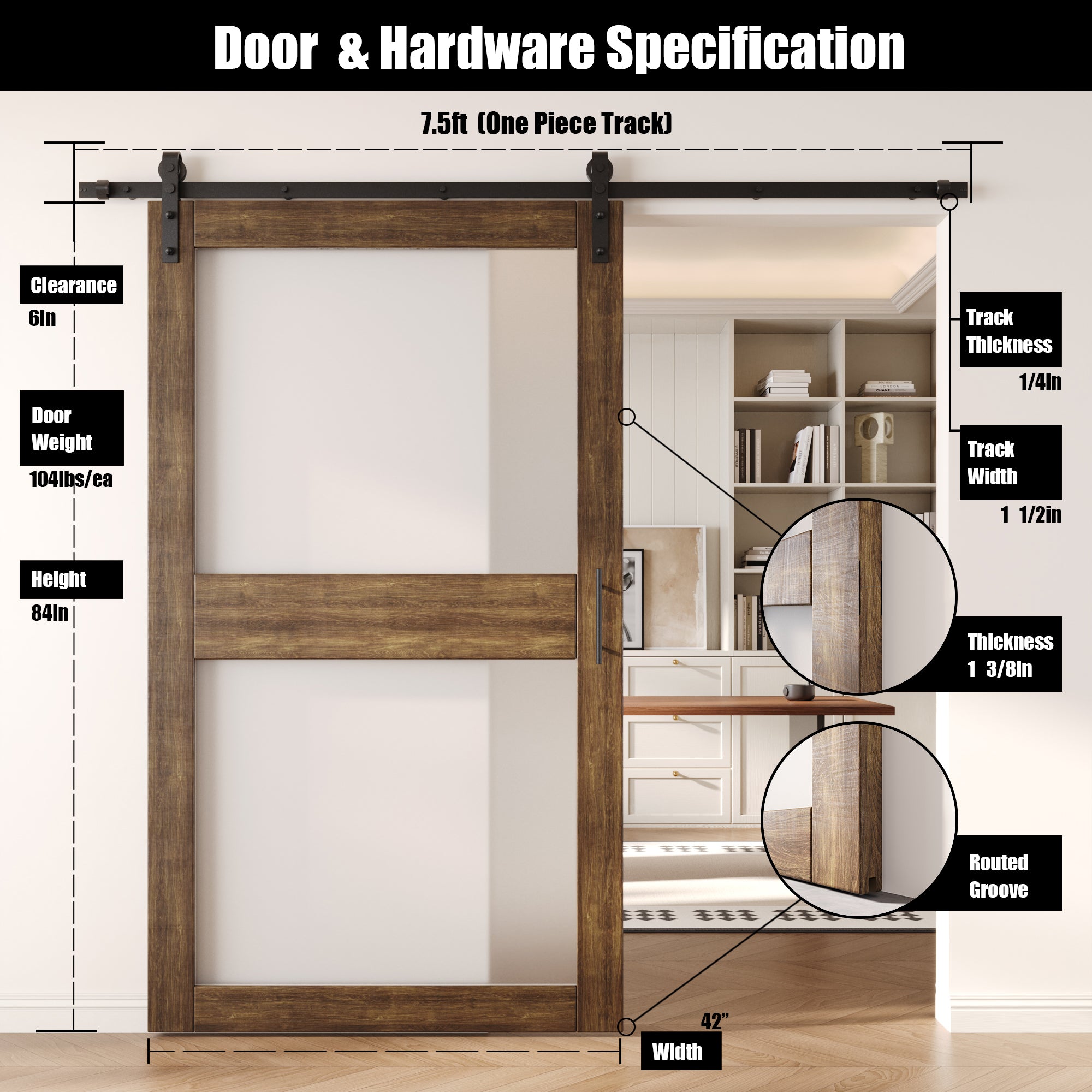 84" Height Dark Walnut 2-Lite Frosted Glass Unassembled & Finished Pine Wood Barn Door with Non-Bypass Installation Hardware Kit (Interior Use Only)