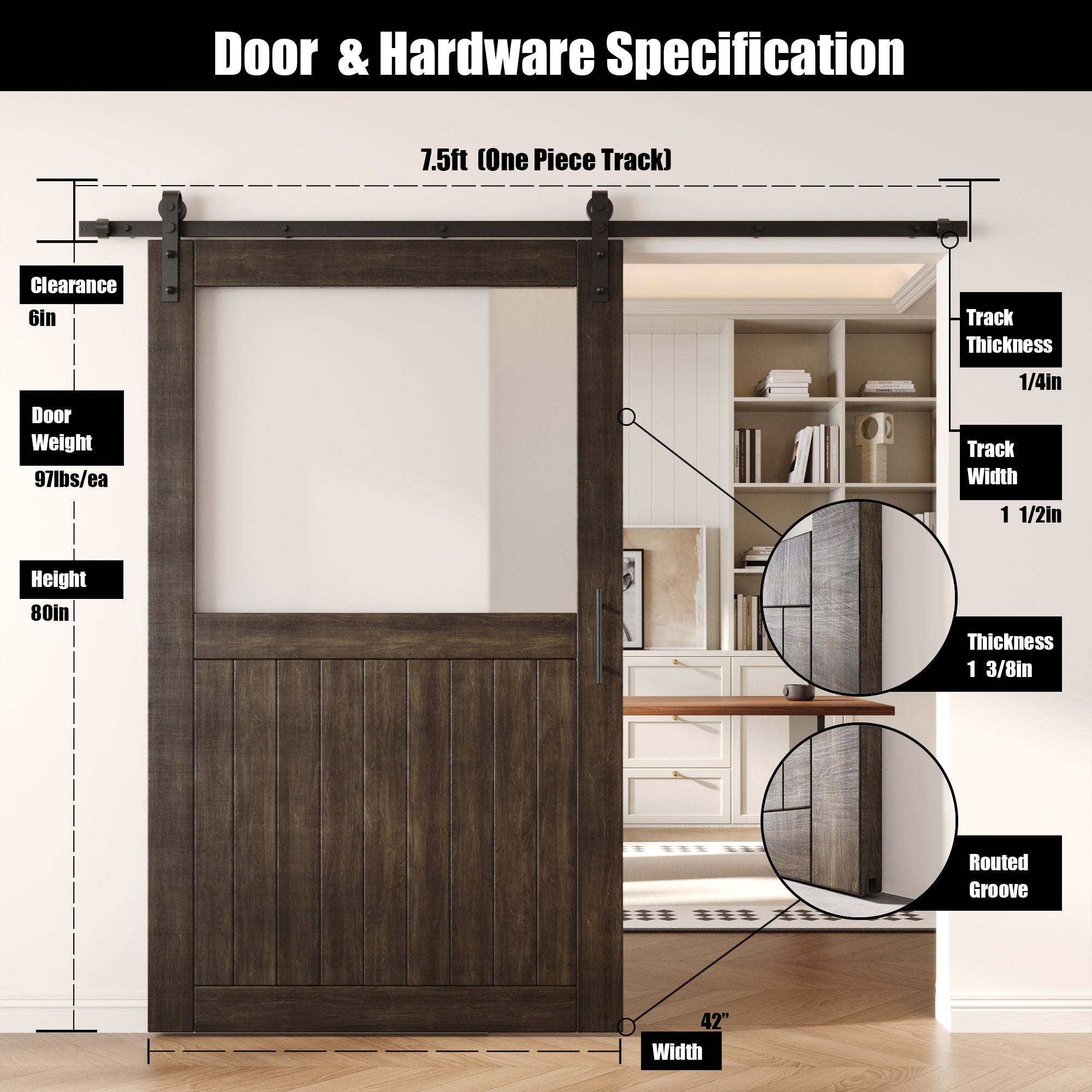 80" Height Ebony Half Lite Frosted Glass Unassembled & Finished Pine Wood Barn Door with Non-Bypass Installation Hardware Kit (Interior Use Only)