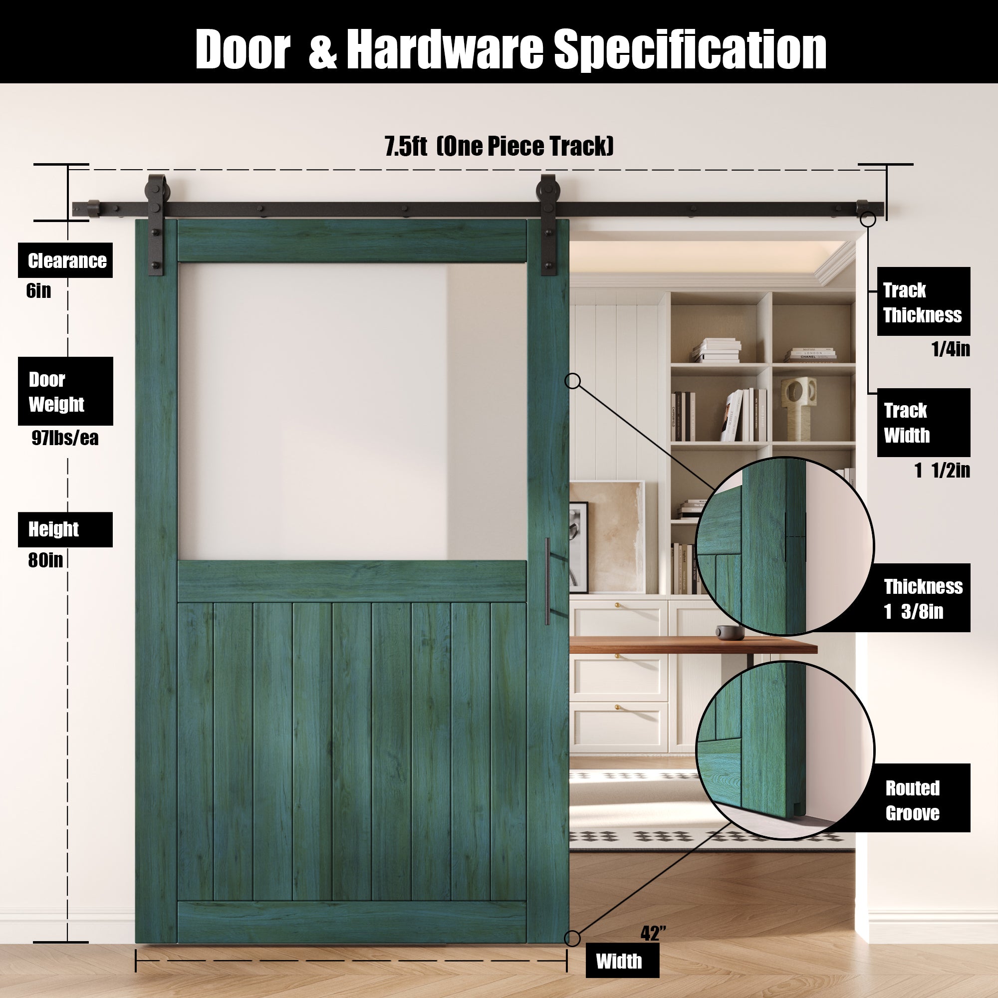 80" Height Royal Pine Half Lite Frosted Glass Unassembled & Finished Pine Wood Barn Door with Non-Bypass Installation Hardware Kit (Interior Use Only)