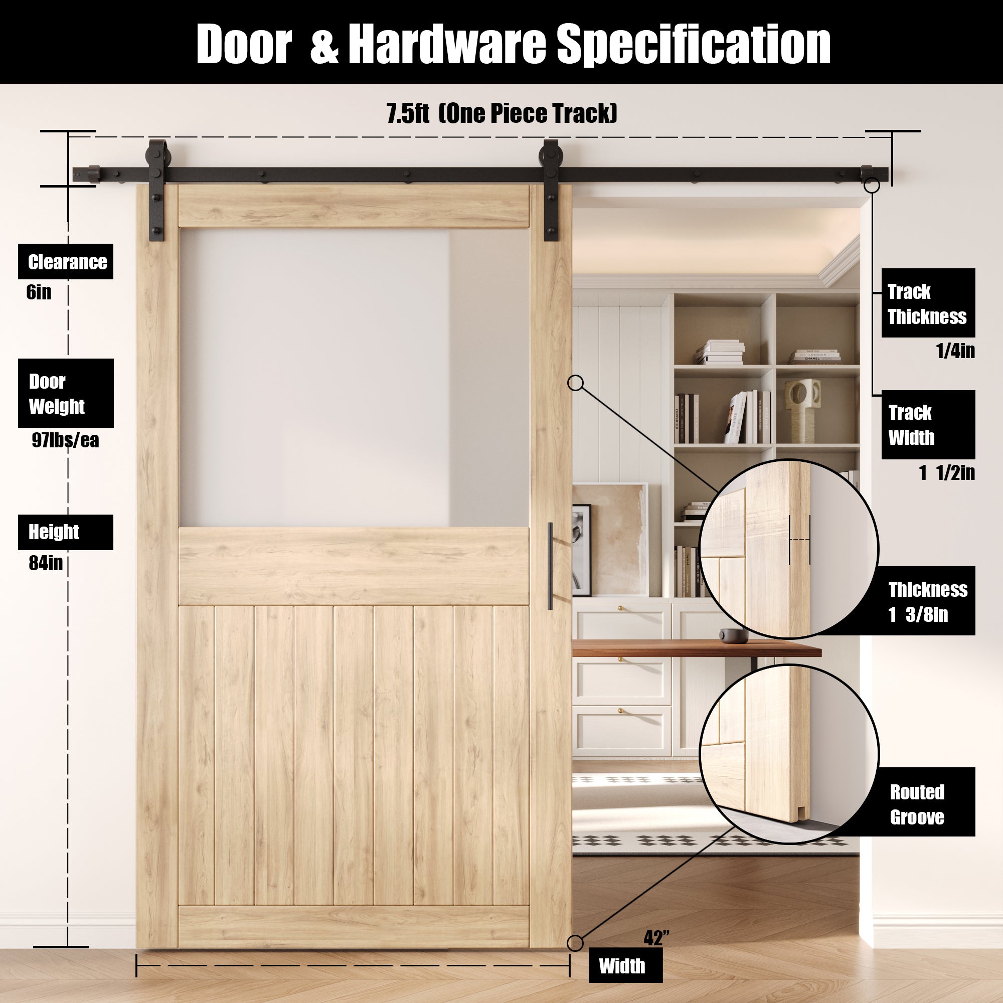 84" Height Half Lite Frosted Glass Unassembled & Unfinished Pine Wood Barn Door with Non-Bypass Installation Hardware Kit (Interior Use Only)