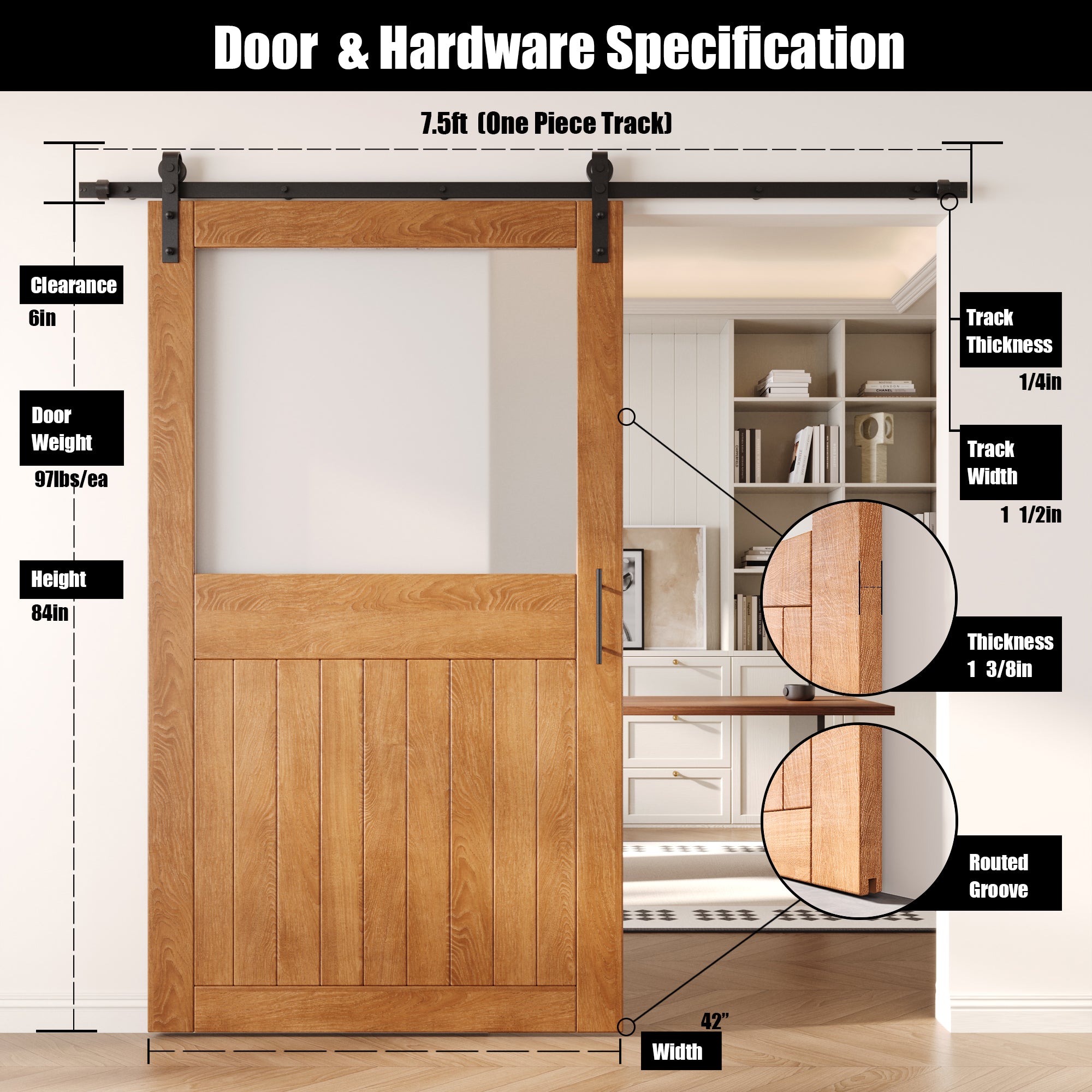 84" Height Early American Half Lite Frosted Glass Unassembled & Finished Pine Wood Barn Door with Non-Bypass Installation Hardware Kit (Interior Use Only)