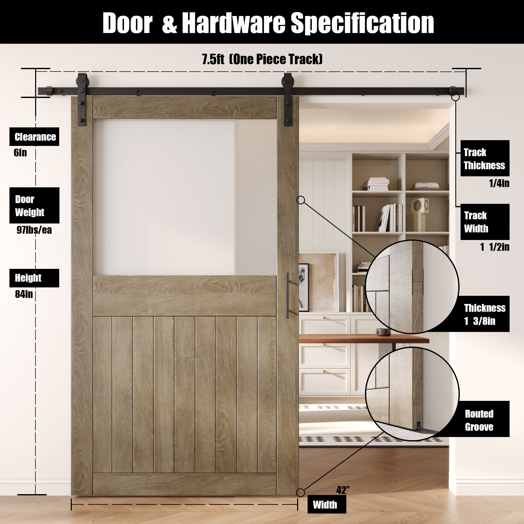 84" Height Classic Gray Half Lite Frosted Glass Unassembled & Finished Pine Wood Barn Door with Non-Bypass Installation Hardware Kit (Interior Use Only)