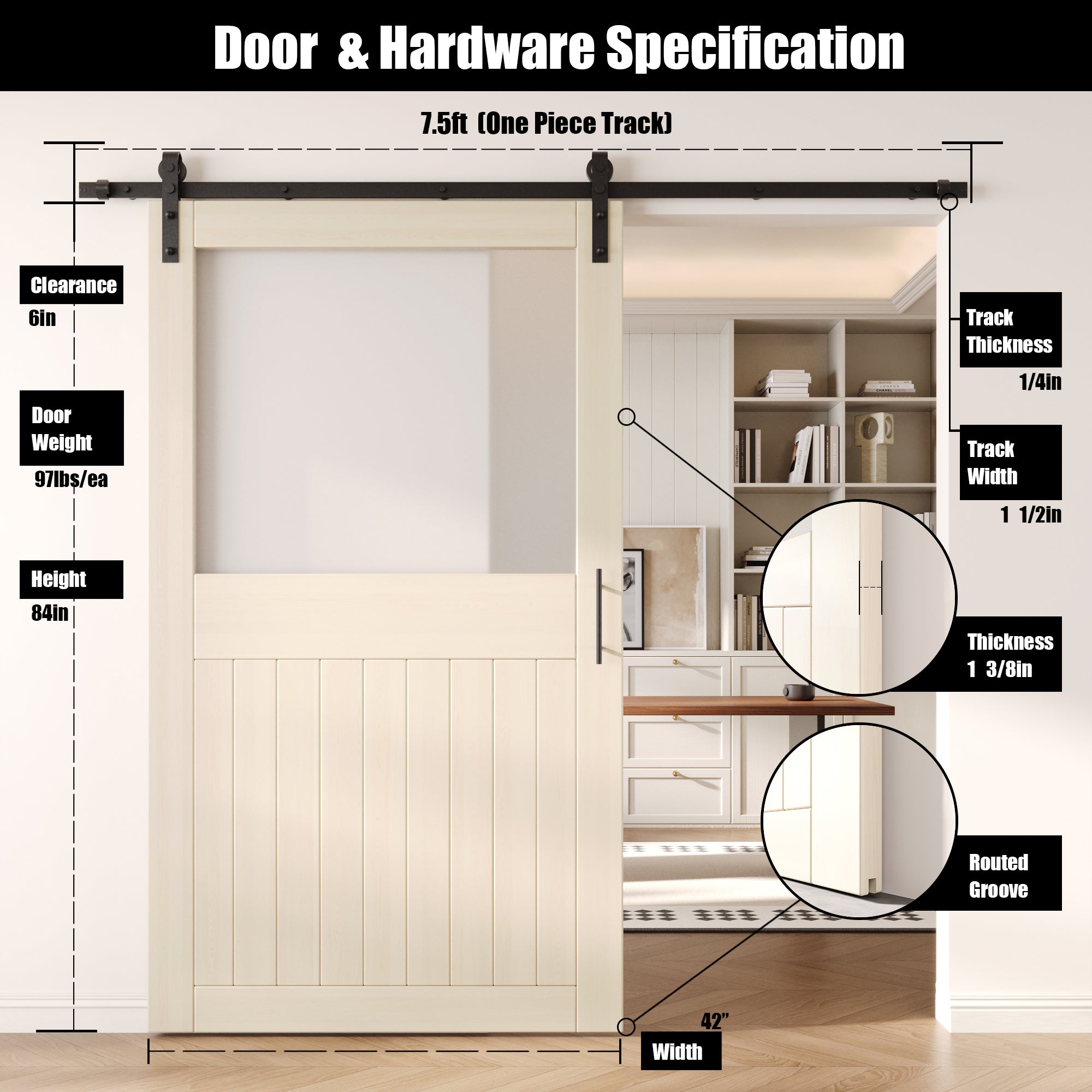 84" Height Tinsmith Gray Half Lite Frosted Glass Unassembled & Finished Pine Wood Barn Door with Non-Bypass Installation Hardware Kit (Interior Use Only)