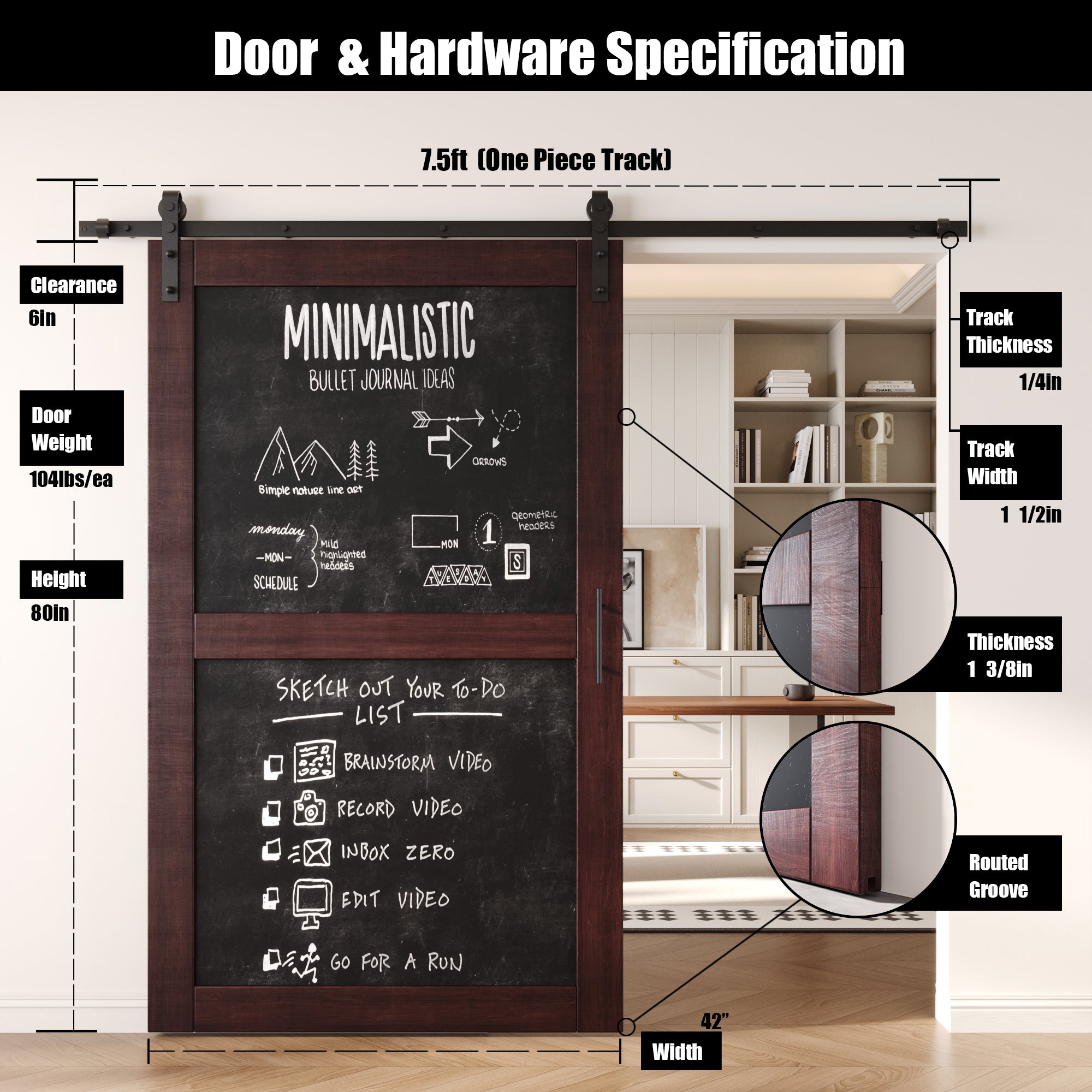 80" Height Red Mahogany Chalkboard Design Unassembled & Finished Pine Wood Barn Door with Non-Bypass Installation Hardware Kit (Interior Use Only)