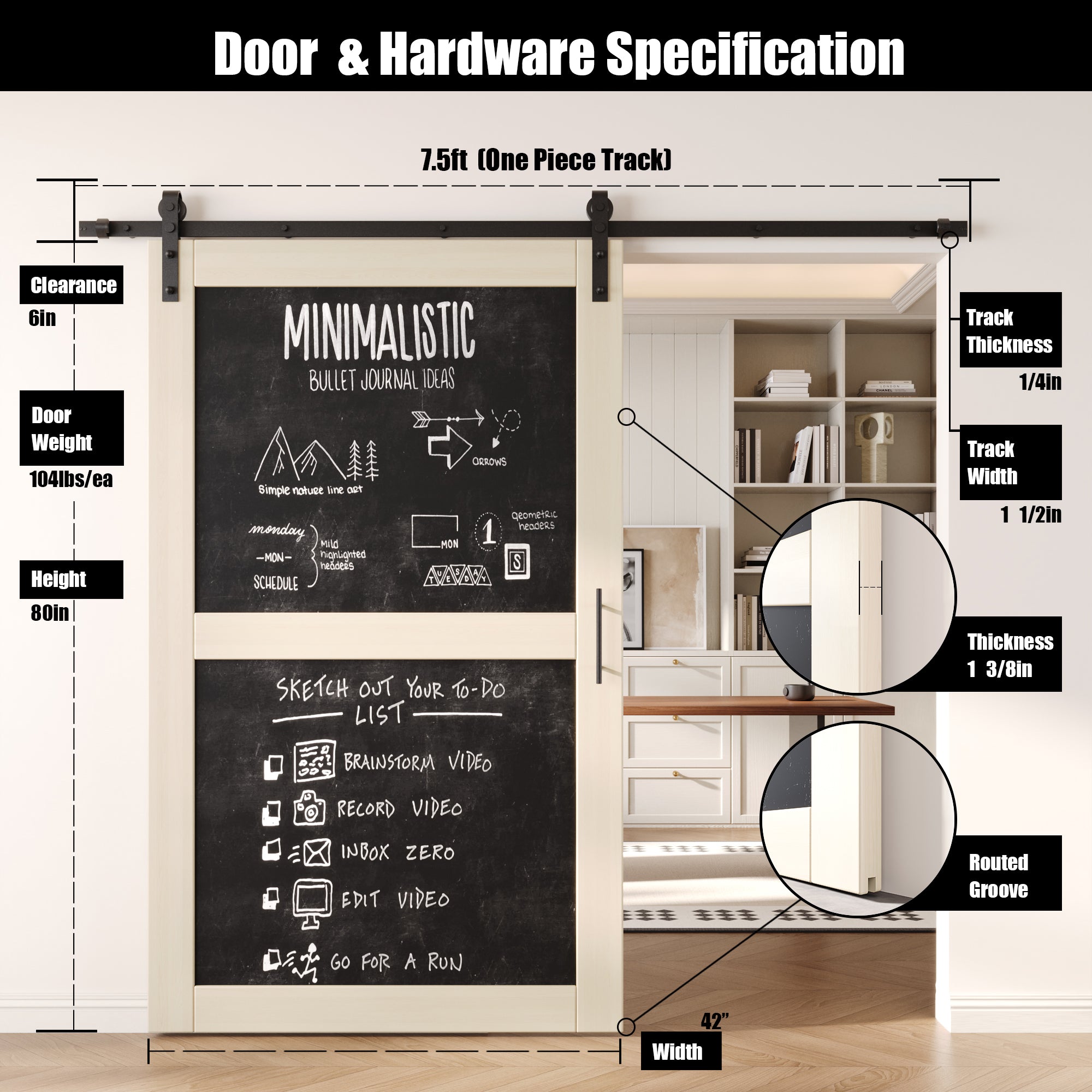 80" Height Tinsmith Gray Chalkboard Design Unassembled & Finished Pine Wood Barn Door with Non-Bypass Installation Hardware Kit (Interior Use Only)