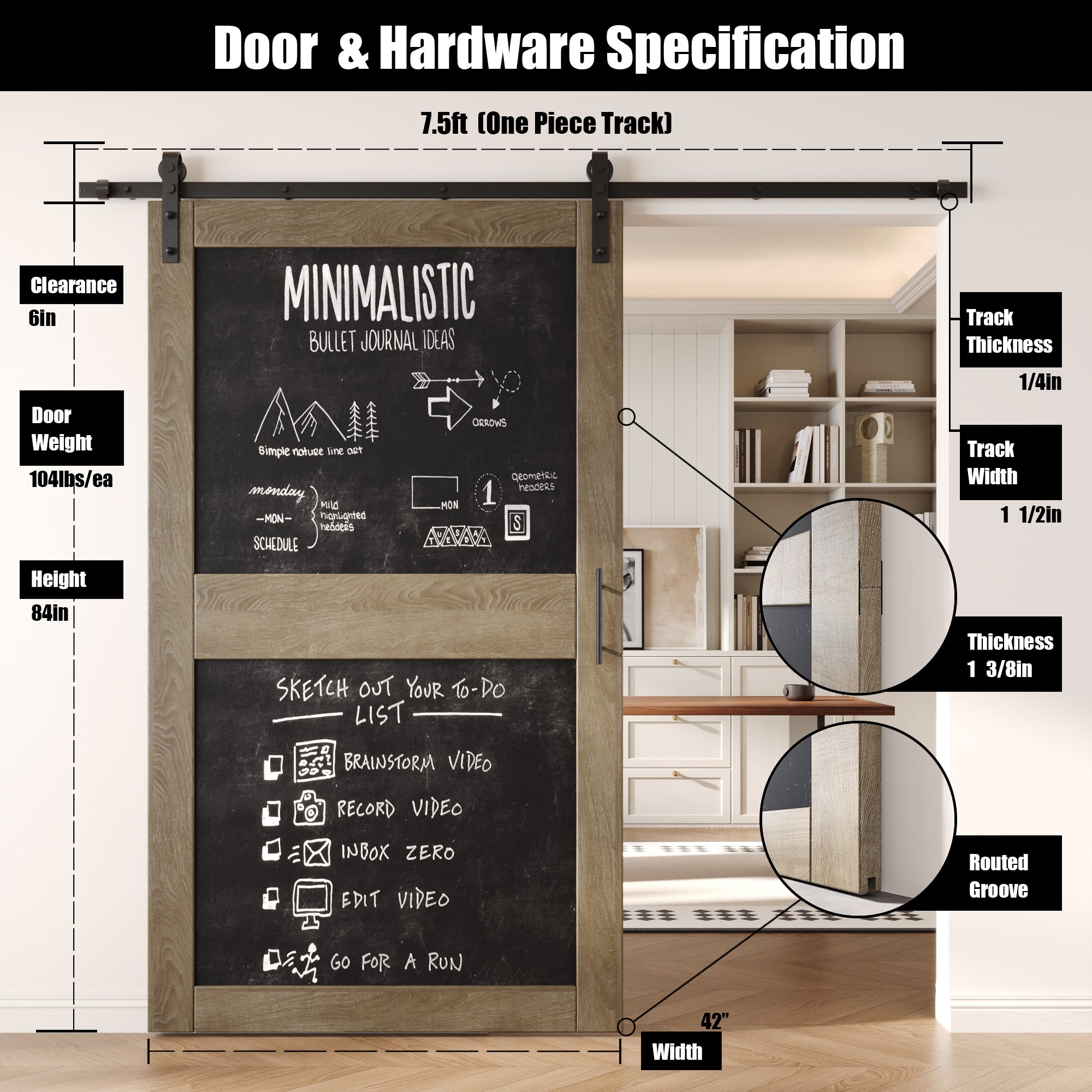 84" Height Classic Gray Chalkboard Design Unassembled & Finished Pine Wood Barn Door with Non-Bypass Installation Hardware Kit (Interior Use Only)