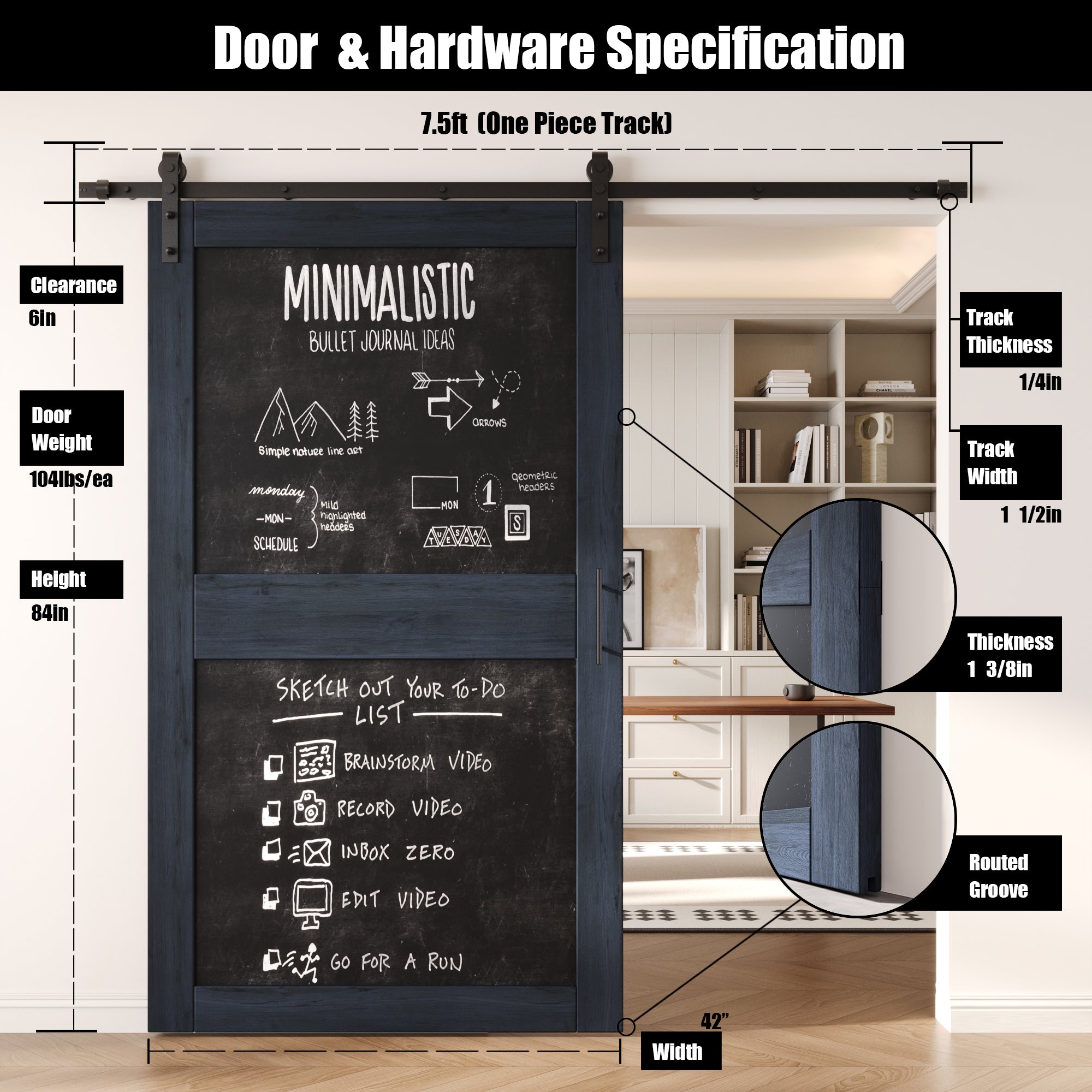 84" Height Navy Chalkboard Design Unassembled & Finished Pine Wood Barn Door with Non-Bypass Installation Hardware Kit (Interior Use Only)