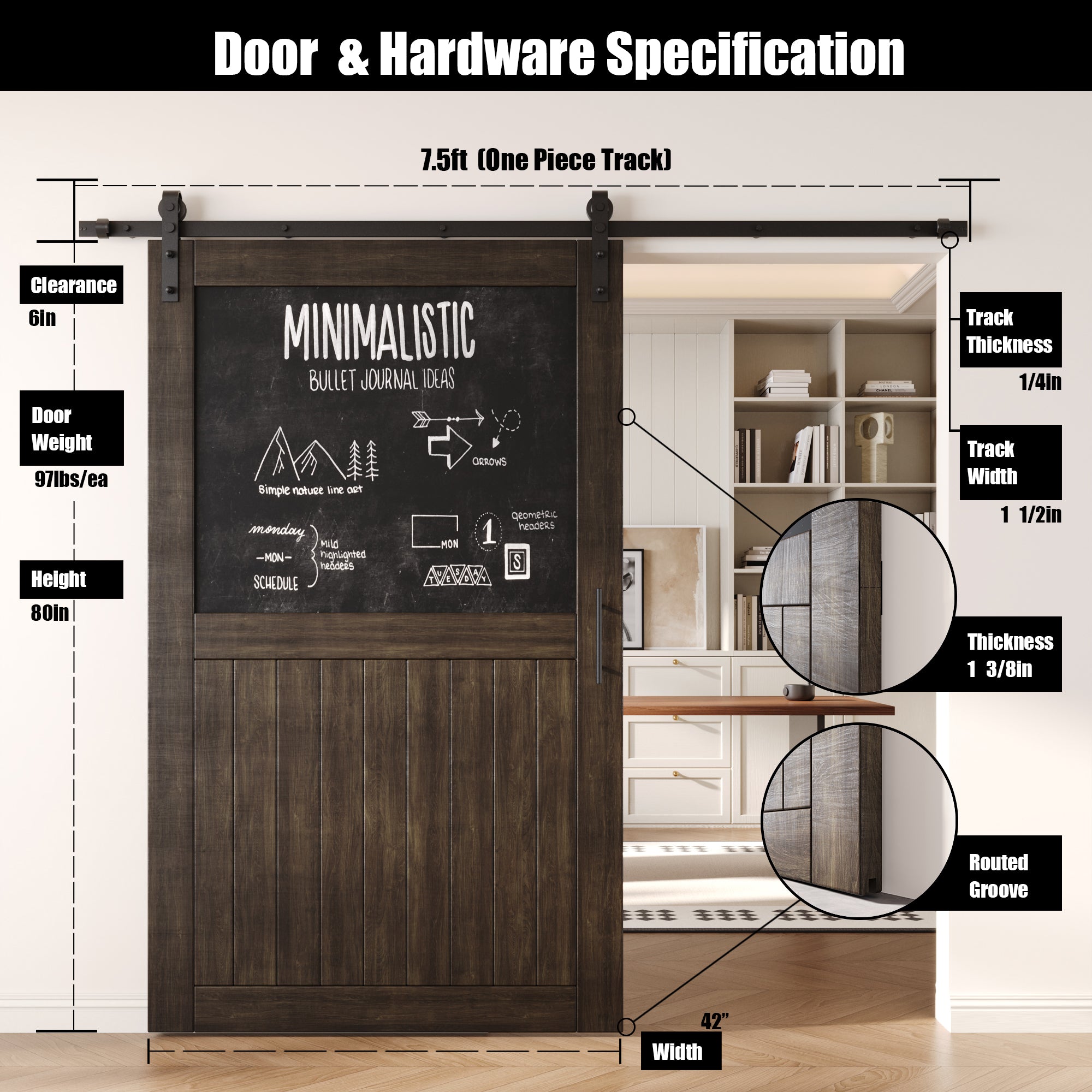 80" Height Ebony Top Chalkboard Panel Unassembled & Finished Pine Wood Barn Door with Non-Bypass Installation Hardware Kit (Interior Use Only)