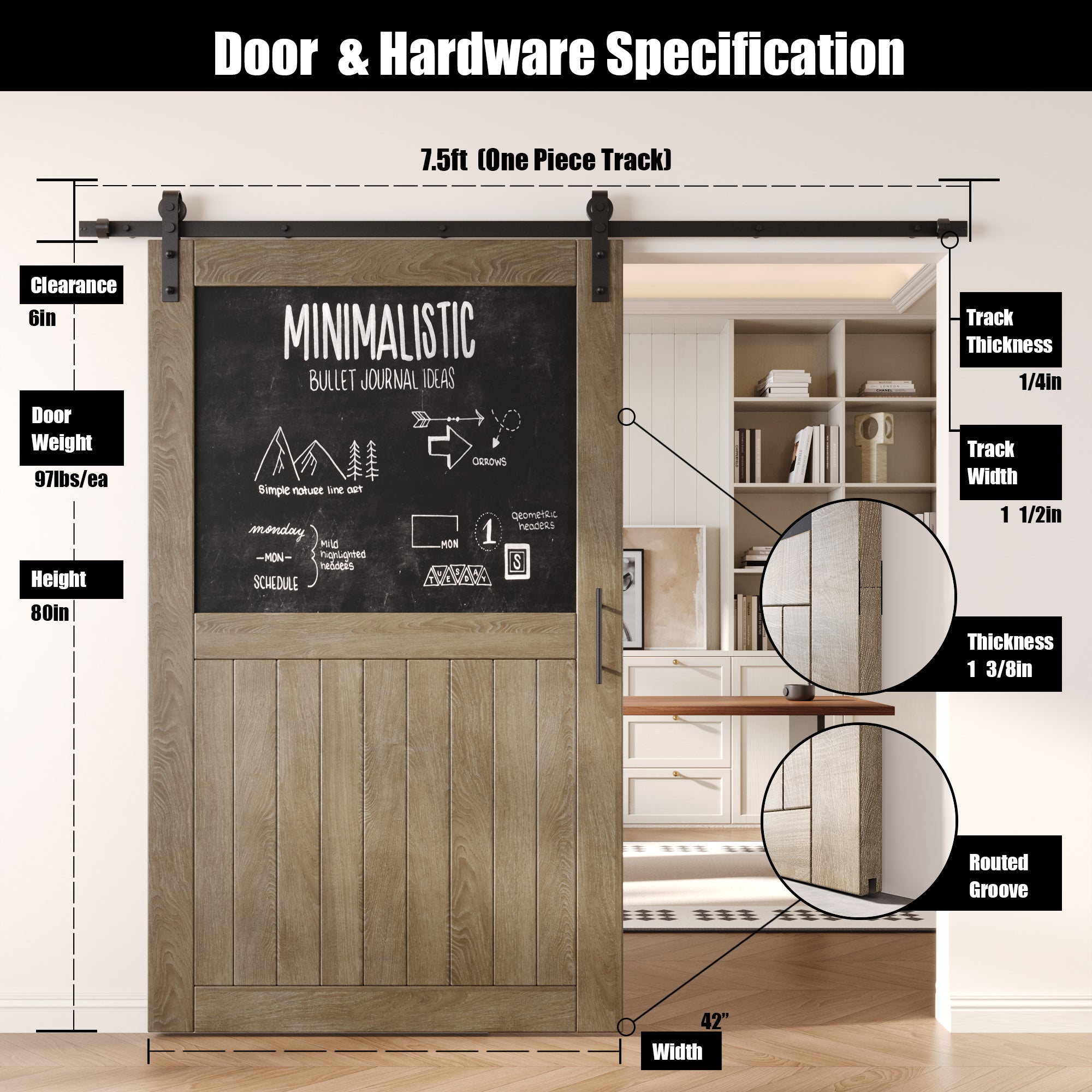 80" Height Classic Gray Top Chalkboard Panel Unassembled & Finished Pine Wood Barn Door with Non-Bypass Installation Hardware Kit (Interior Use Only)
