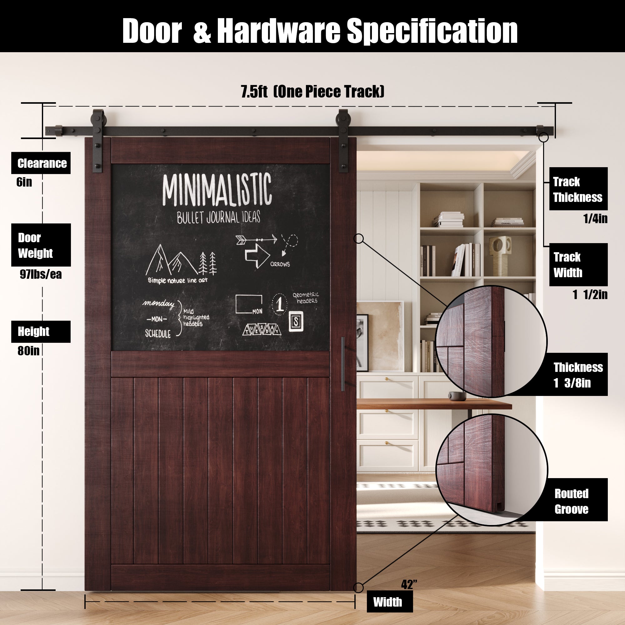 80" Height Red Mahogany Top Chalkboard Panel Unassembled & Finished Pine Wood Barn Door with Non-Bypass Installation Hardware Kit (Interior Use Only)