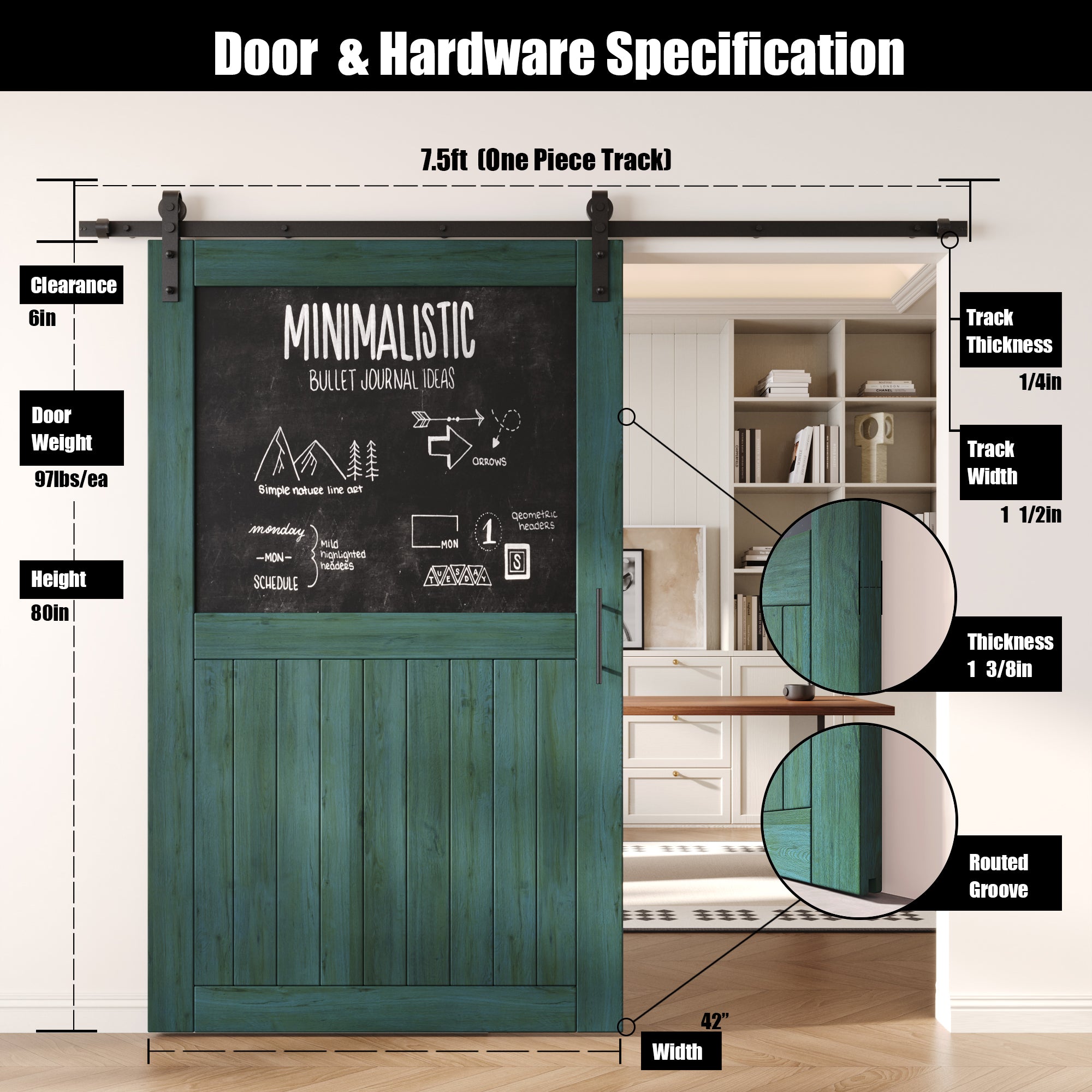 80" Height Royal Pine Top Chalkboard Panel Unassembled & Finished Pine Wood Barn Door with Non-Bypass Installation Hardware Kit (Interior Use Only)