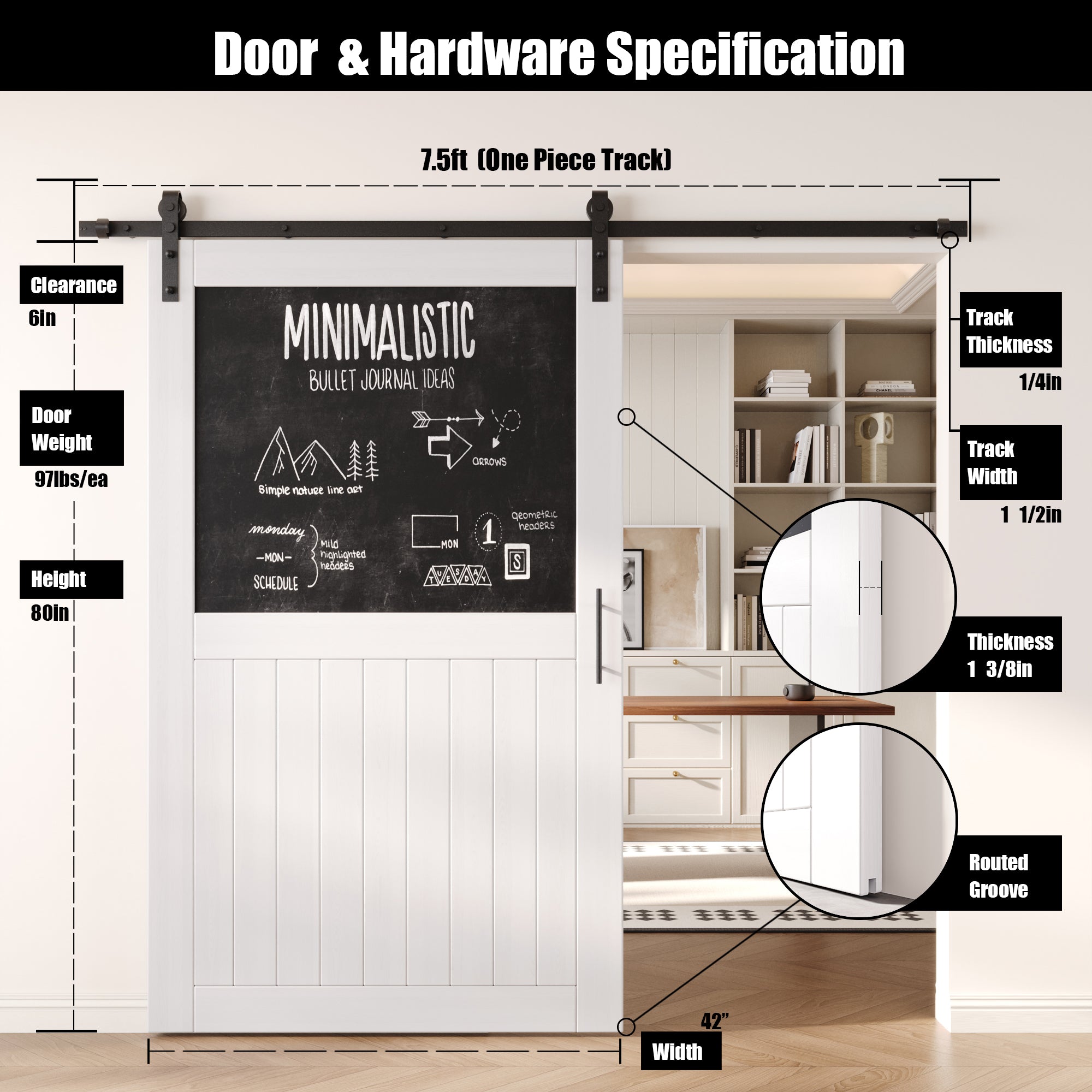 80" Height White Top Chalkboard Panel Unassembled & Finished Pine Wood Barn Door with Non-Bypass Installation Hardware Kit (Interior Use Only)