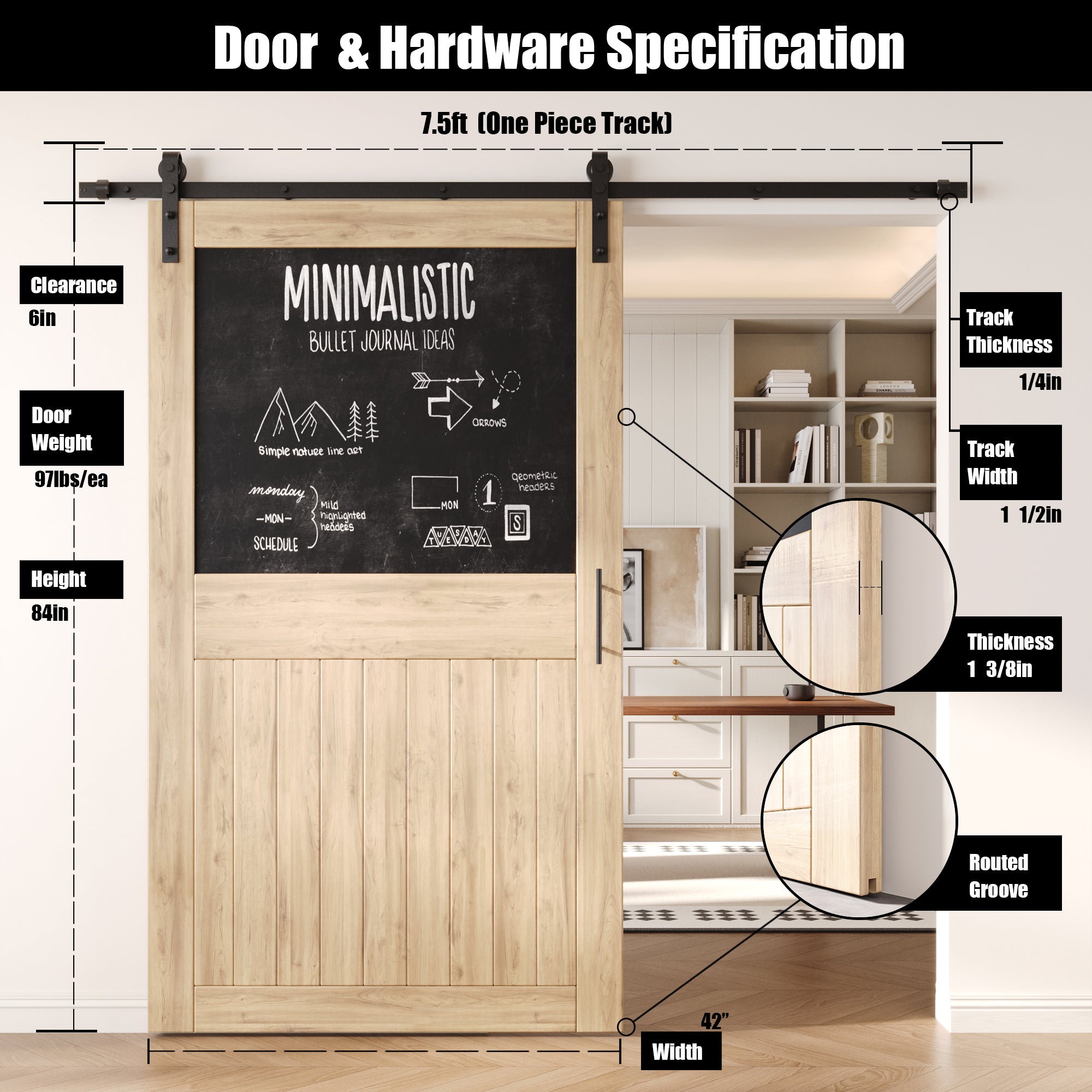 84" Height Top Chalkboard Panel Unassembled & Unfinished Pine Wood Barn Door with Non-Bypass Installation Hardware Kit (Interior Use Only)