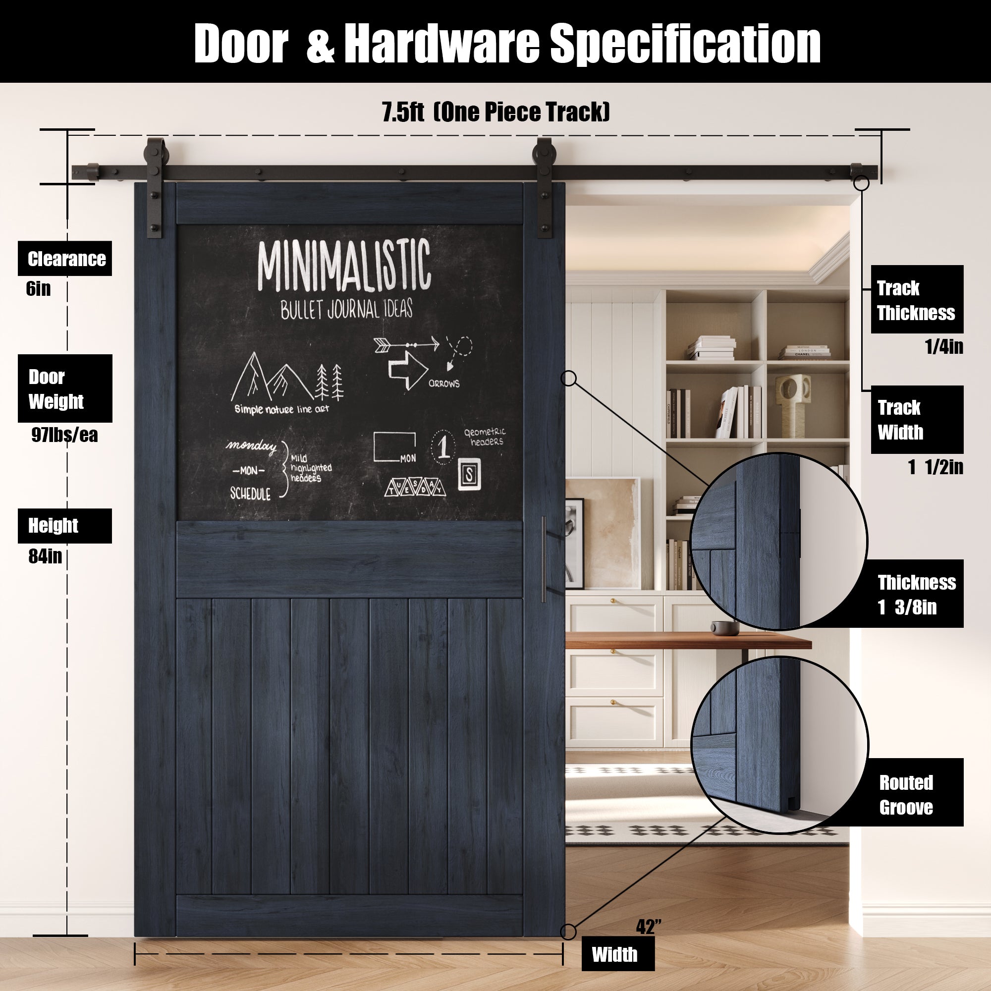 84" Height Navy Top Chalkboard Panel Unassembled & Finished Pine Wood Barn Door with Non-Bypass Installation Hardware Kit (Interior Use Only)