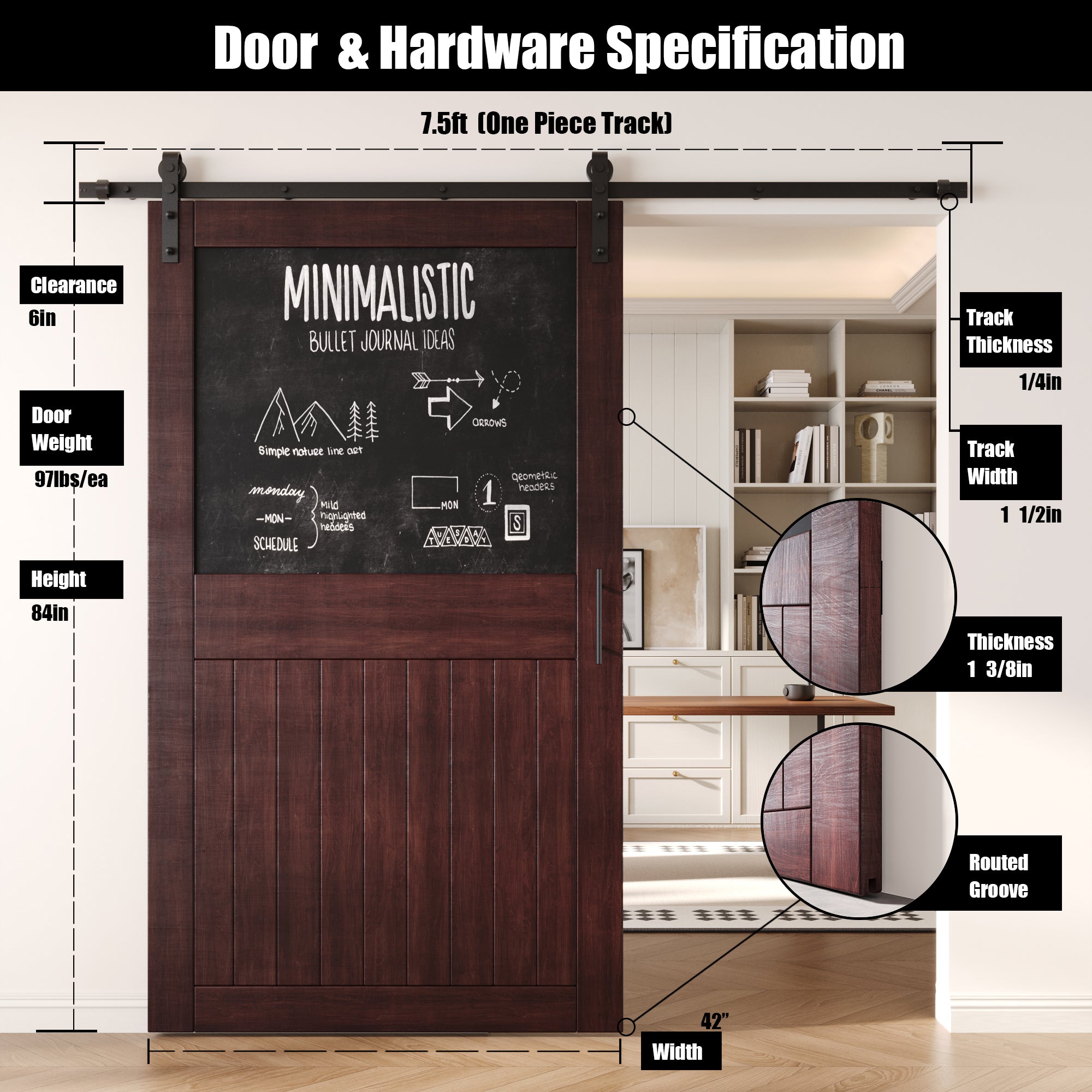 84" Height Red Mahogany Top Chalkboard Panel Unassembled & Finished Pine Wood Barn Door with Non-Bypass Installation Hardware Kit (Interior Use Only)