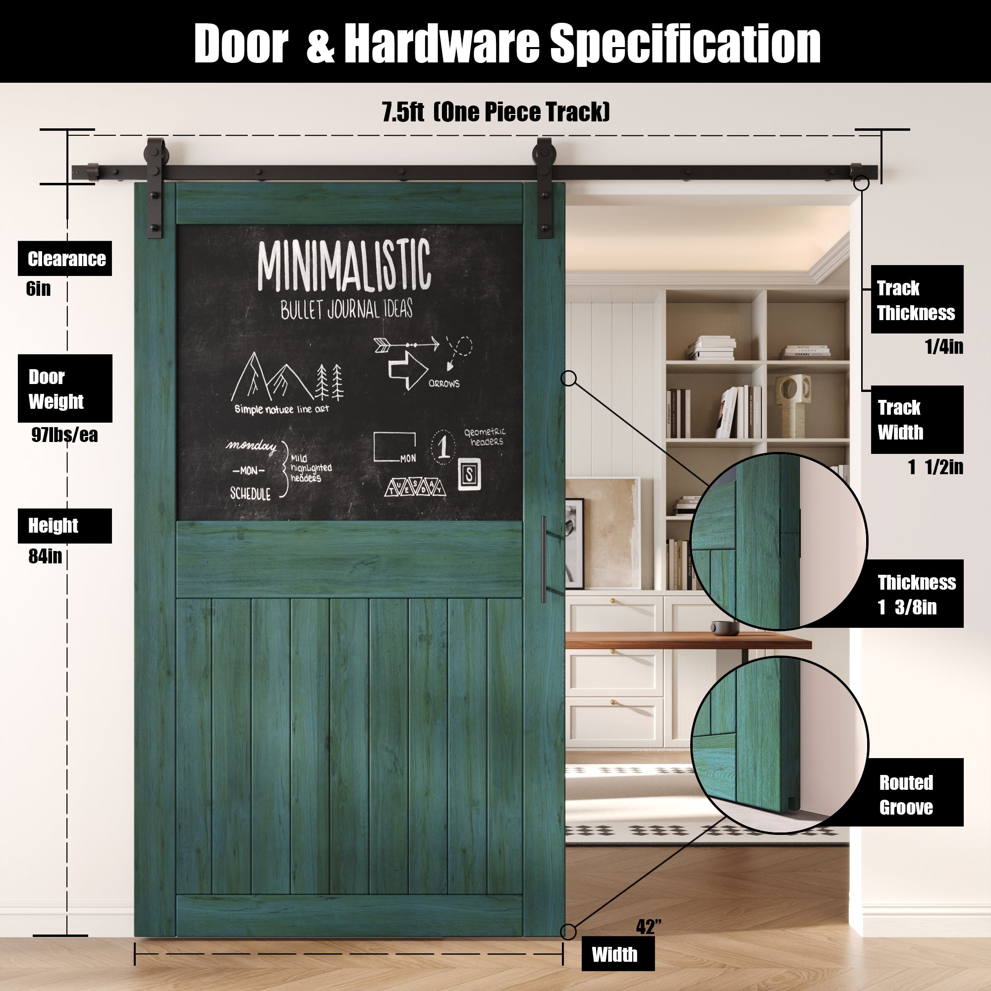 84" Height Royal Pine Top Chalkboard Panel Unassembled & Finished Pine Wood Barn Door with Non-Bypass Installation Hardware Kit (Interior Use Only)