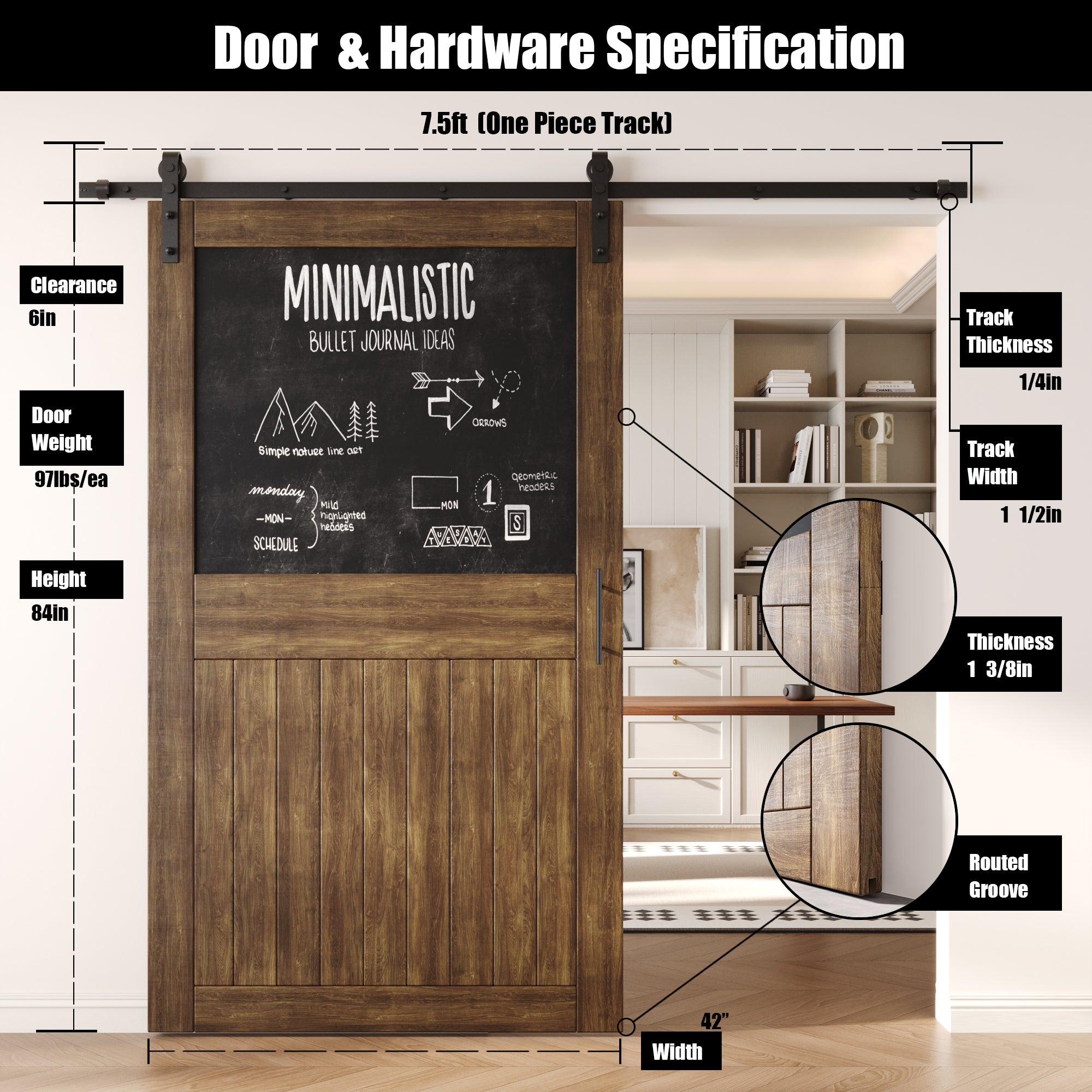 84" Height Dark Walnut Top Chalkboard Panel Unassembled & Finished Pine Wood Barn Door with Non-Bypass Installation Hardware Kit (Interior Use Only)