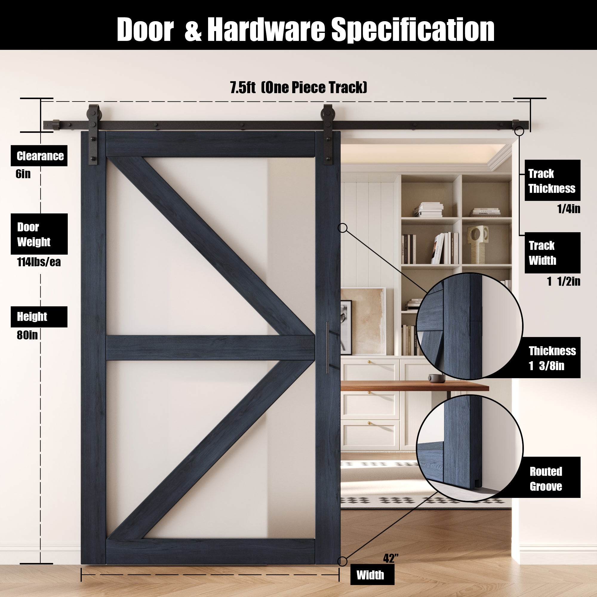 80" Height Navy Arrow Pattern Glass Unassembled & Finished Pine Wood Barn Door with Non-Bypass Installation Hardware Kit (Interior Use Only)