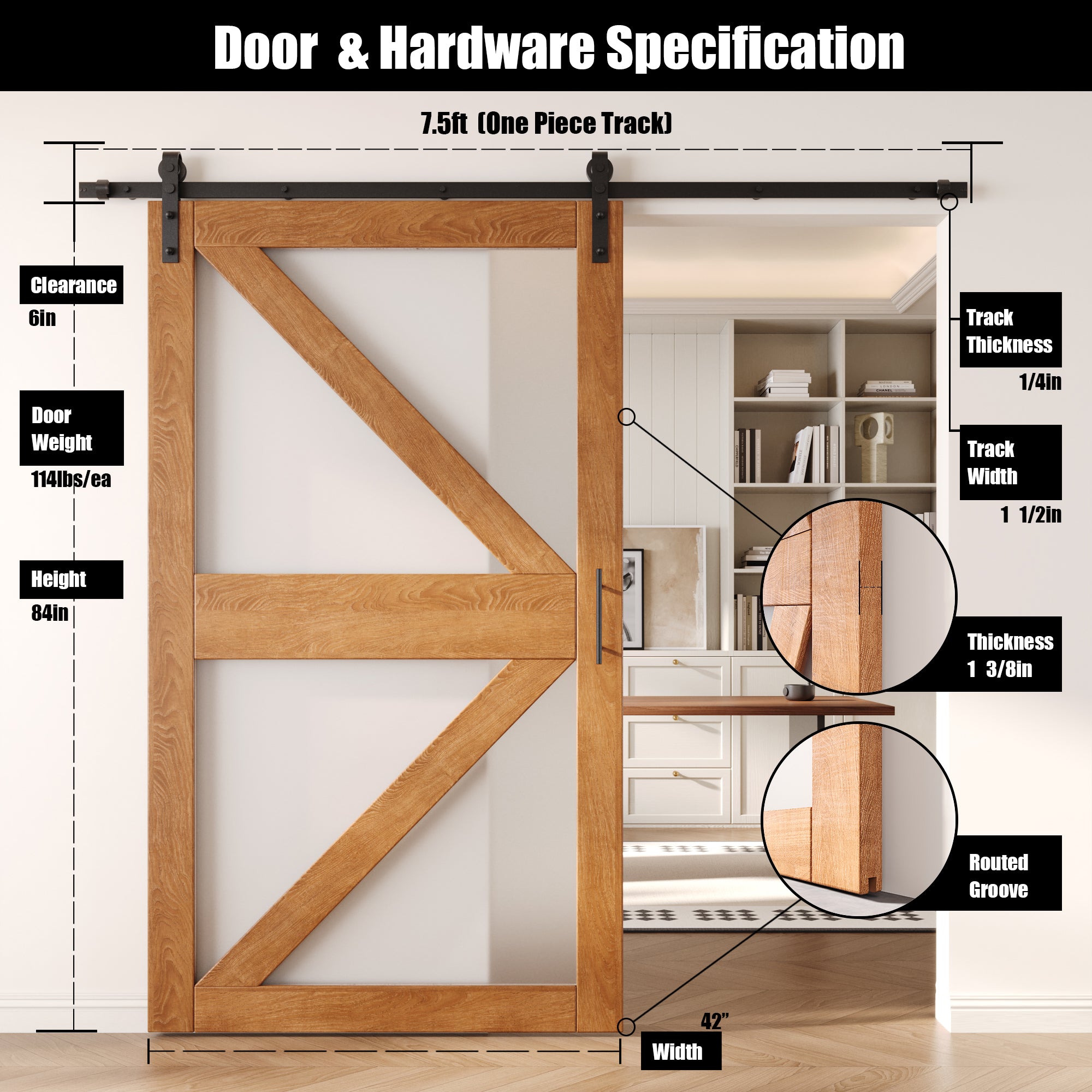 84" Height Early American Frosted Glass Arrow Design Unassembled & Finished Pine Wood Barn Door with Non-Bypass Installation Hardware Kit (Interior Use Only)