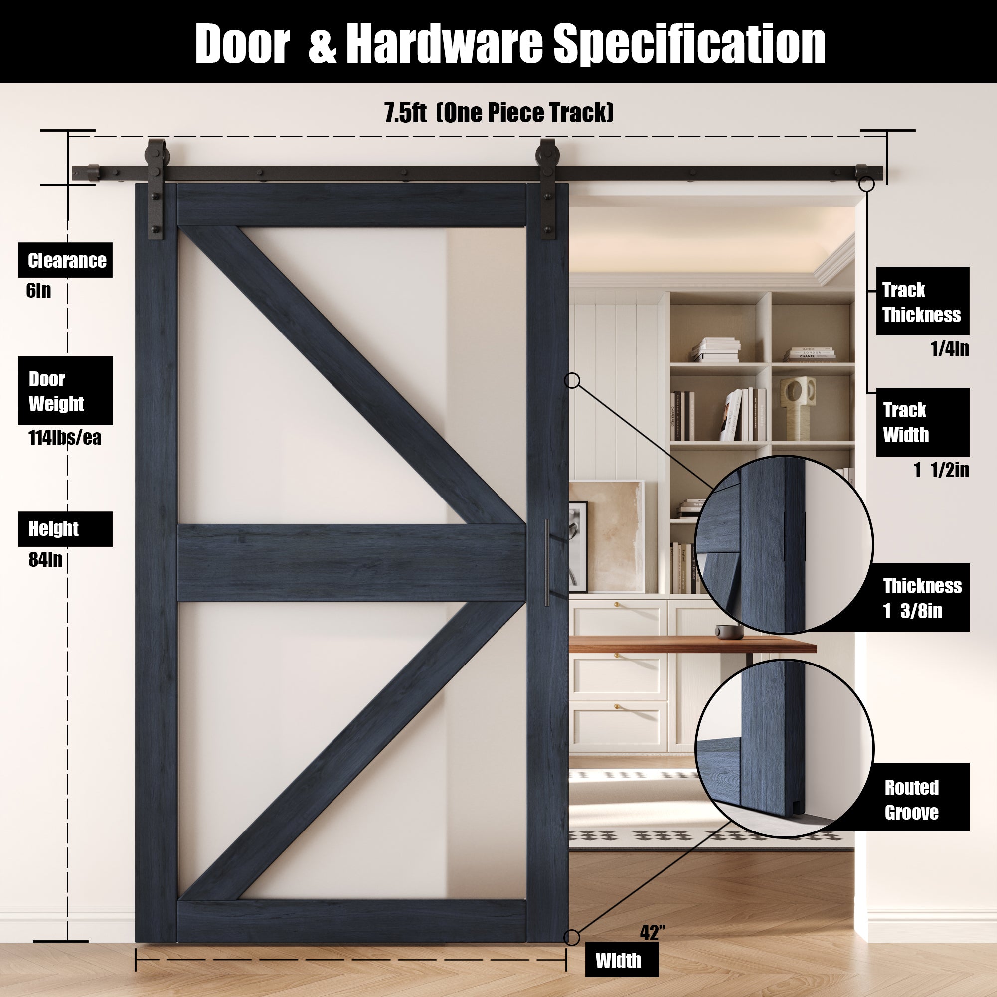 84" Height Navy Arrow Pattern Glass Unassembled & Finished Pine Wood Barn Door with Non-Bypass Installation Hardware Kit (Interior Use Only)