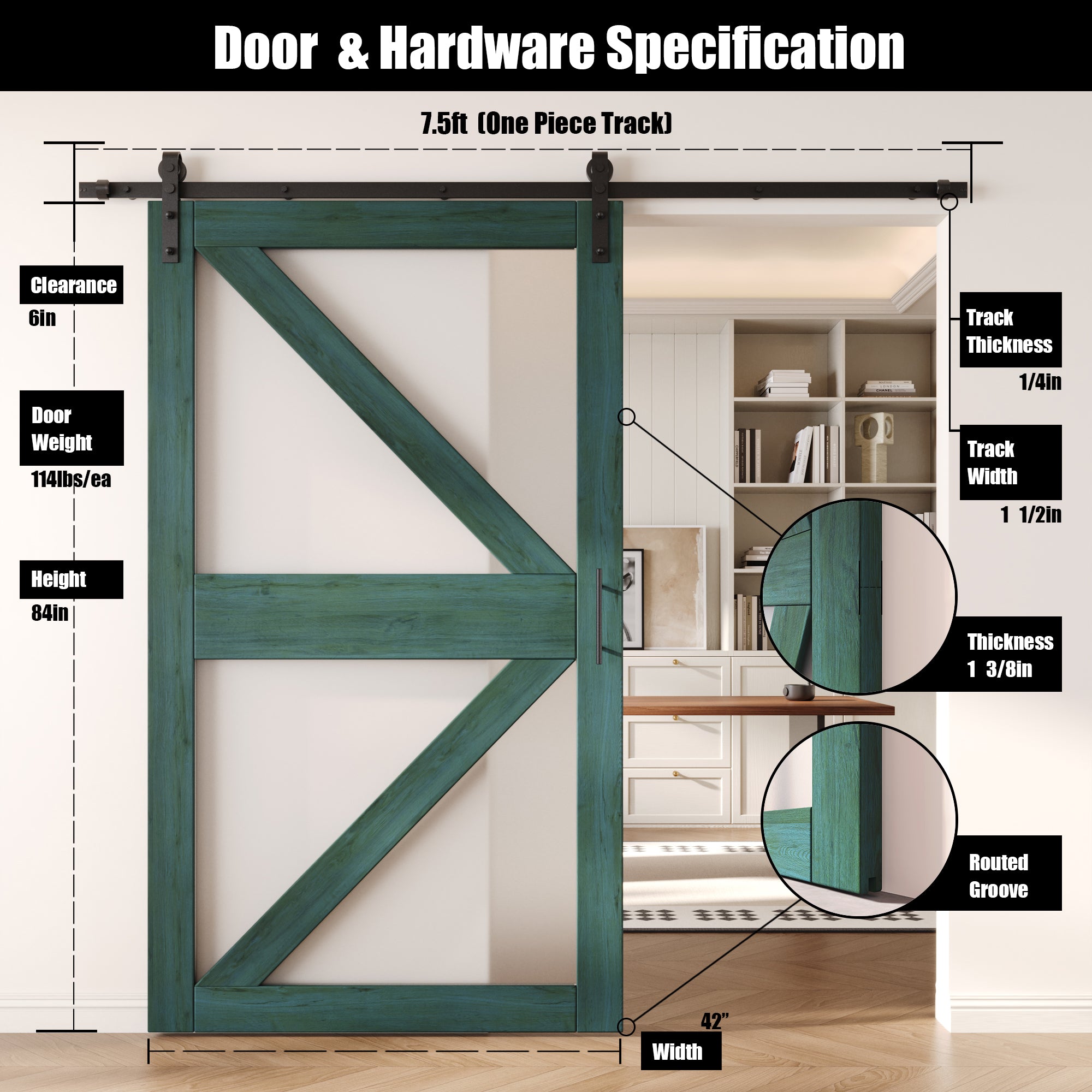 84" Height Royal Pine Frosted Glass Arrow Design Unassembled & Finished Pine Wood Barn Door with Non-Bypass Installation Hardware Kit (Interior Use Only)