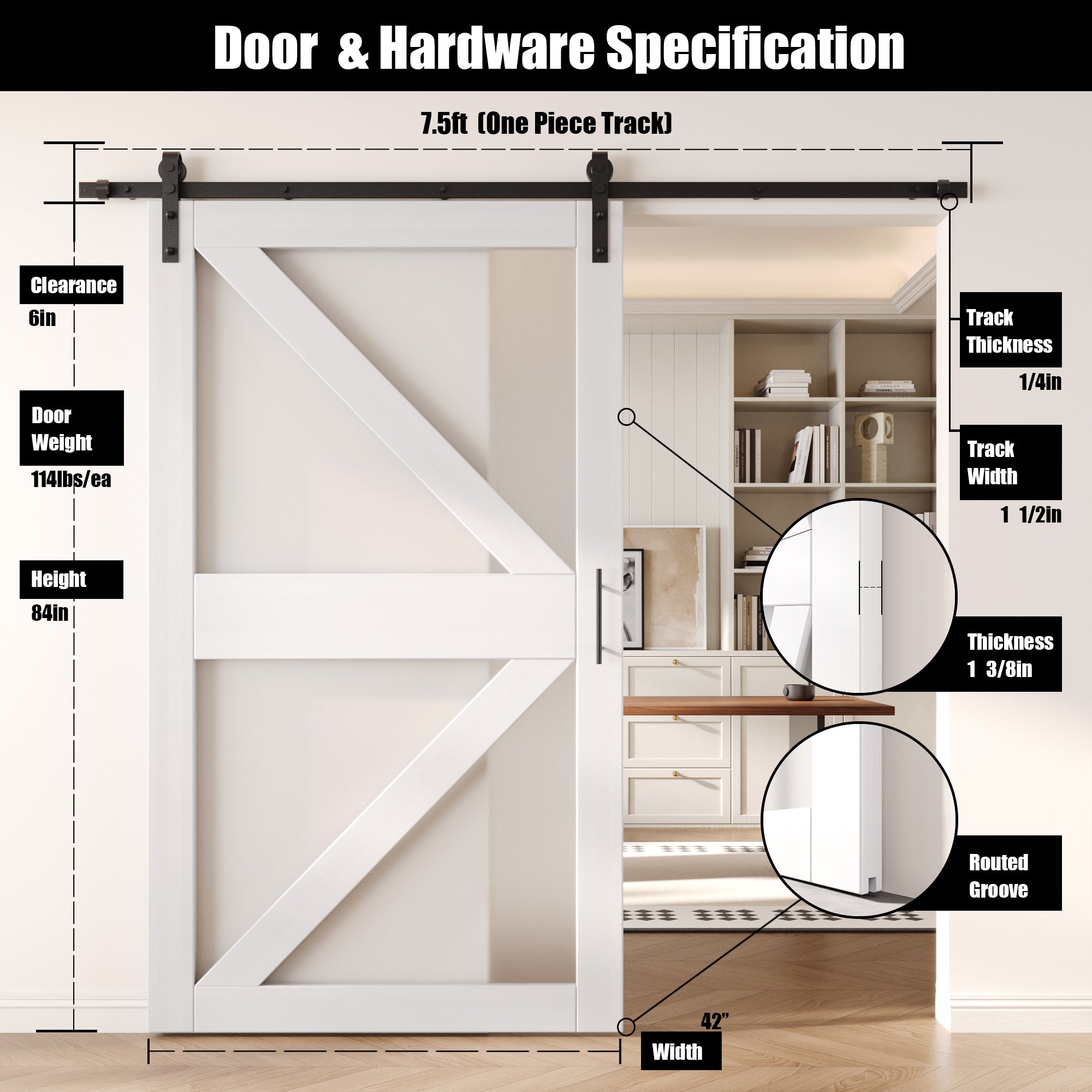 84" Height White Arrow Pattern Glass Unassembled & Finished Pine Wood Barn Door with Non-Bypass Installation Hardware Kit (Interior Use Only)