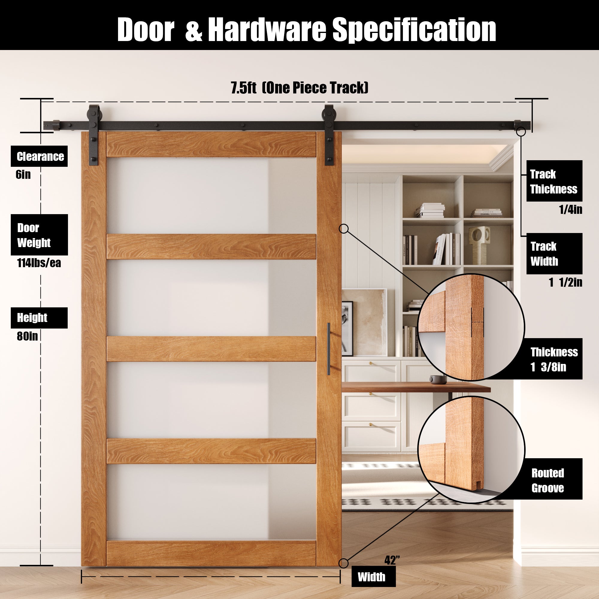 80" Height Early American 4-Lite Frosted Glass Unassembled & Finished Pine Wood Barn Door with Non-Bypass Installation Hardware Kit (Interior Use Only)