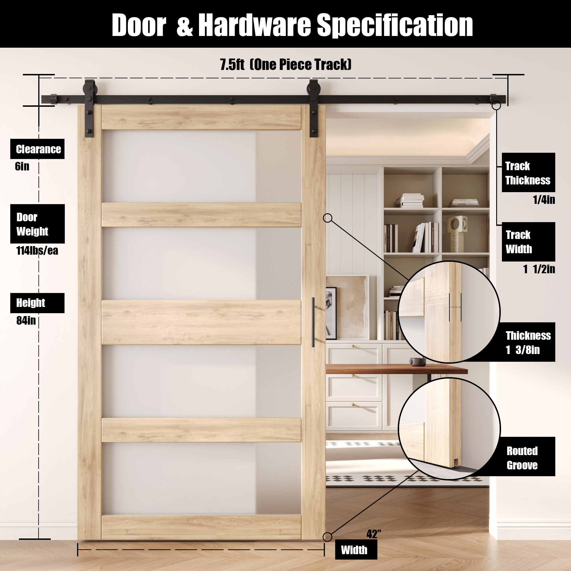 84" Height 4-Lite Frosted Glass Unassembled & Unfinished Pine Wood Barn Door with Non-Bypass Installation Hardware Kit (Interior Use Only)