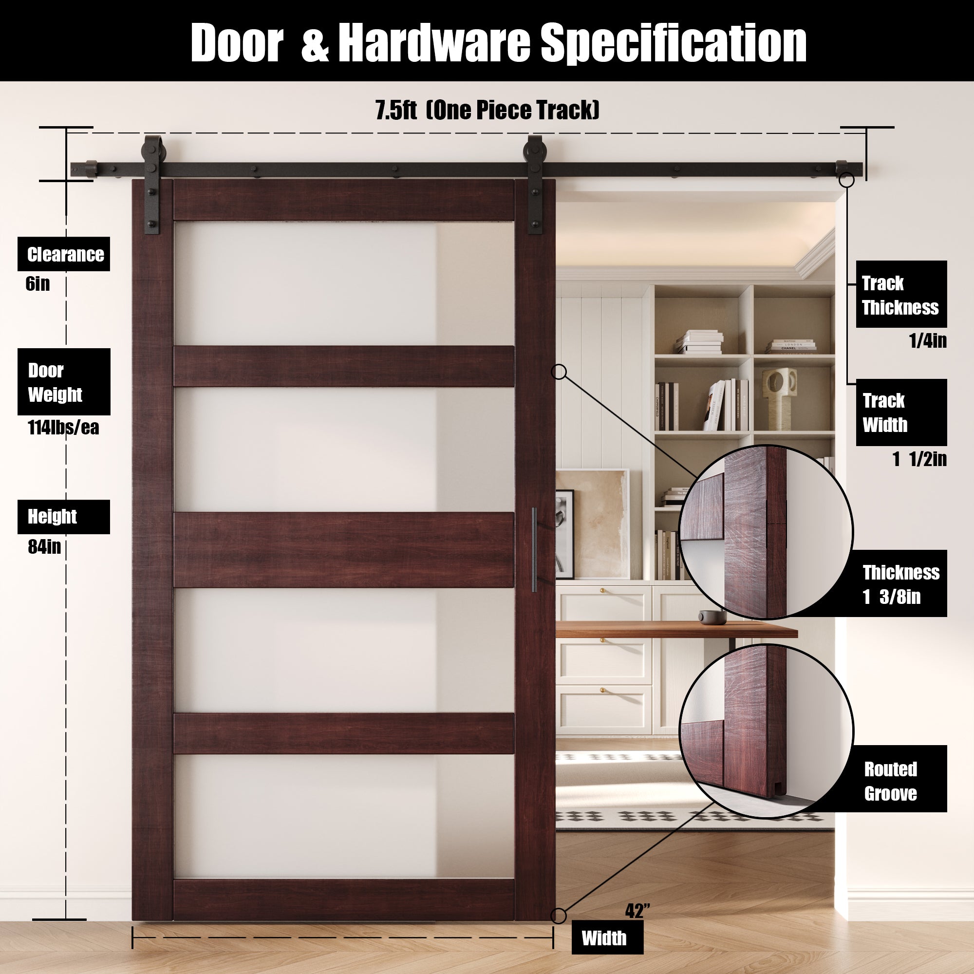 84" Height Red Mahogany 4-Lite Frosted Glass Unassembled & Finished Pine Wood Barn Door with Non-Bypass Installation Hardware Kit (Interior Use Only)