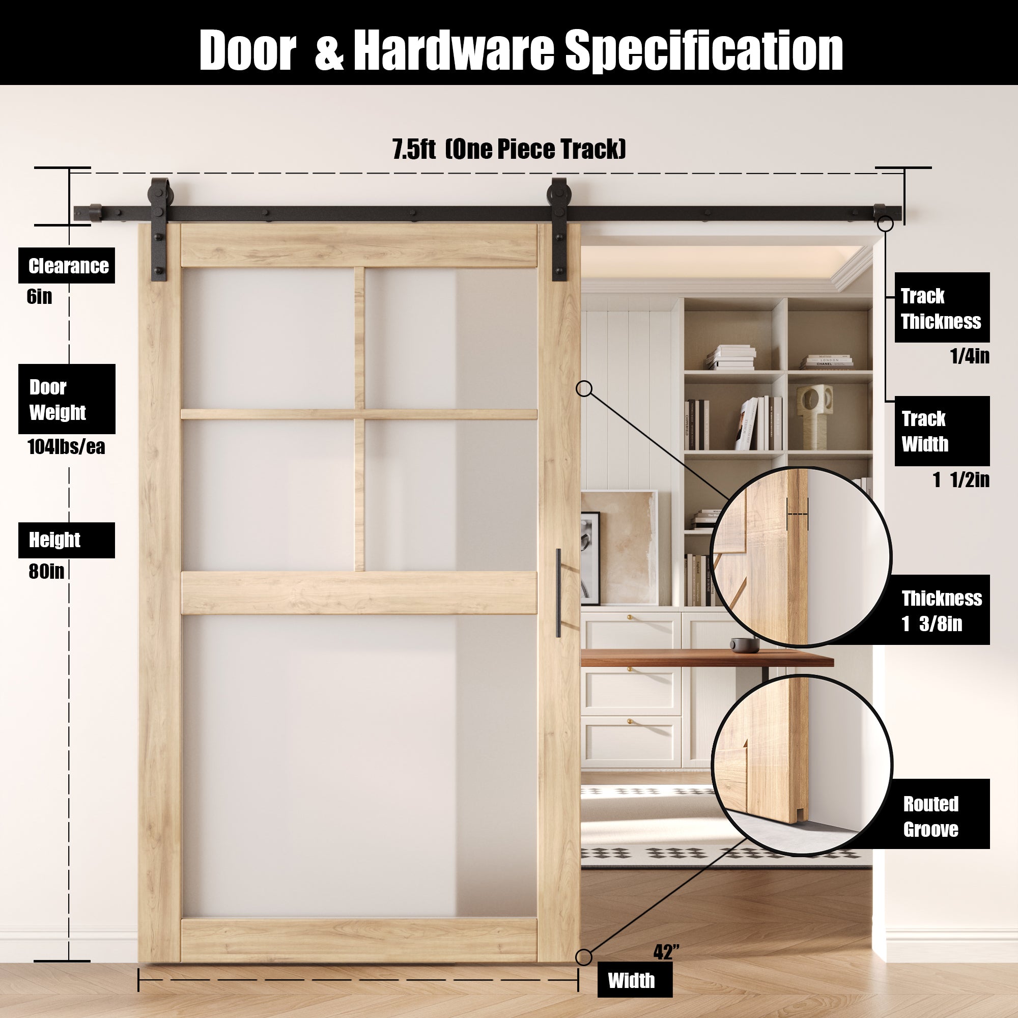80" Height 5-Lite Frosted Glass Unassembled & Unfinished Pine Wood Barn Door with Non-Bypass Installation Hardware Kit (Interior Use Only)