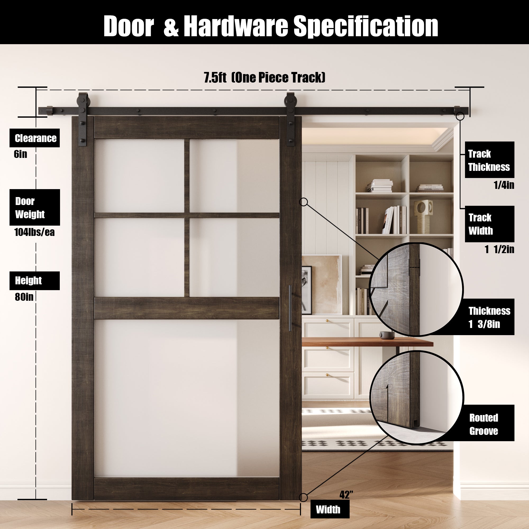 80" Height Ebony 5-Lite Frosted Glass Unassembled & Finished Pine Wood Barn Door with Non-Bypass Installation Hardware Kit (Interior Use Only)