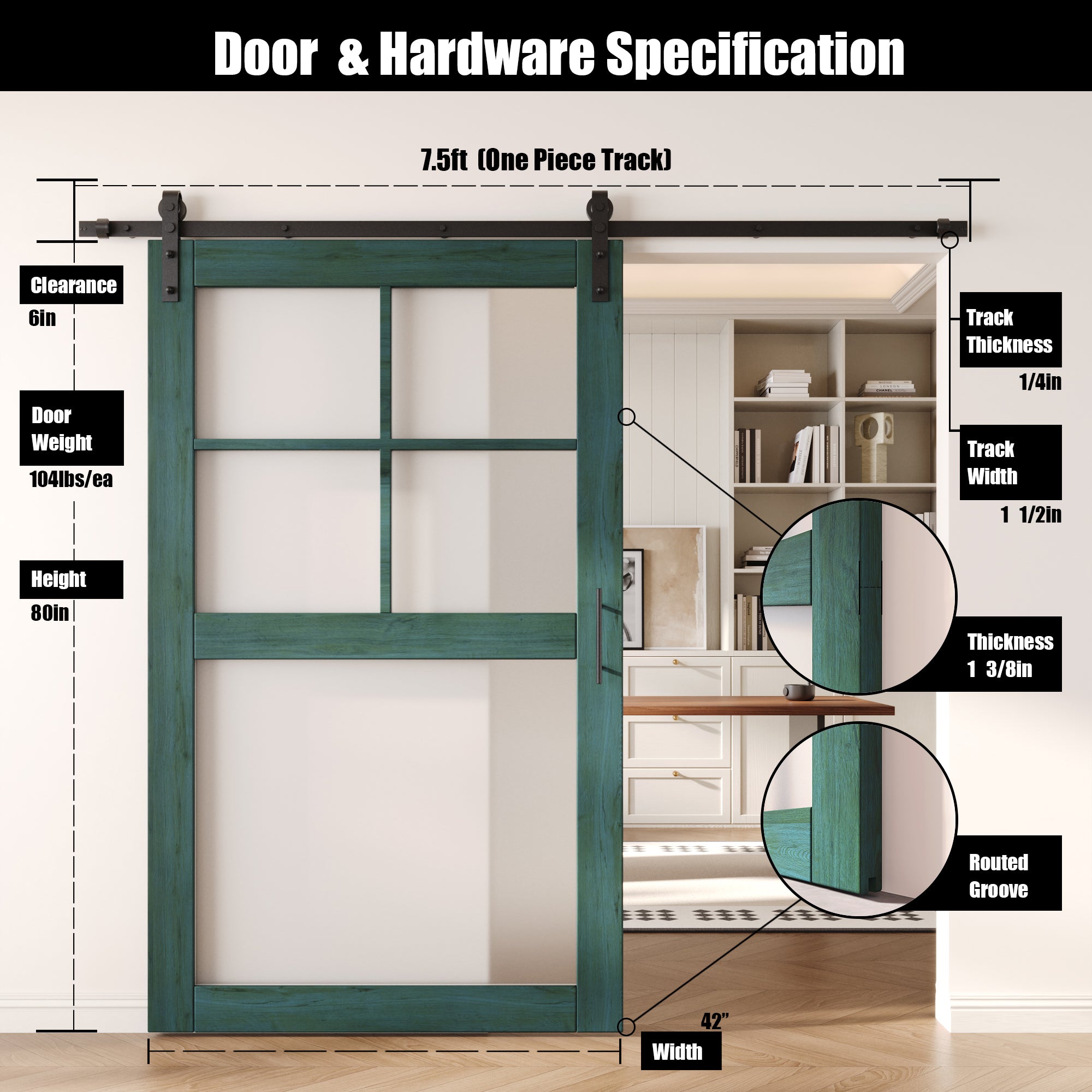 80" Height Royal Pine 5-Lite Frosted Glass Unassembled & Finished Pine Wood Barn Door with Non-Bypass Installation Hardware Kit (Interior Use Only)