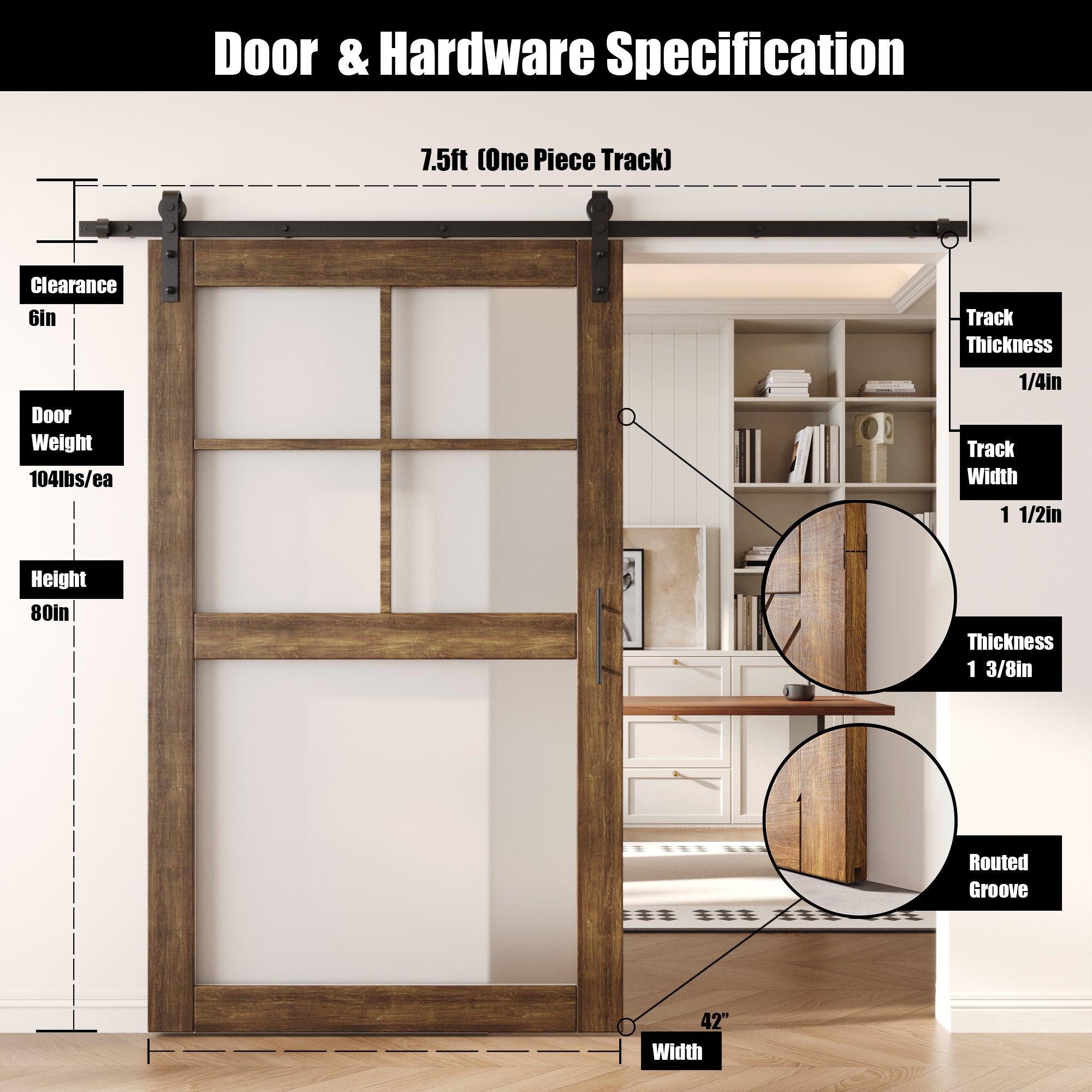 80" Height Dark Walnut 5-Lite Frosted Glass Unassembled & Finished Pine Wood Barn Door with Non-Bypass Installation Hardware Kit (Interior Use Only)