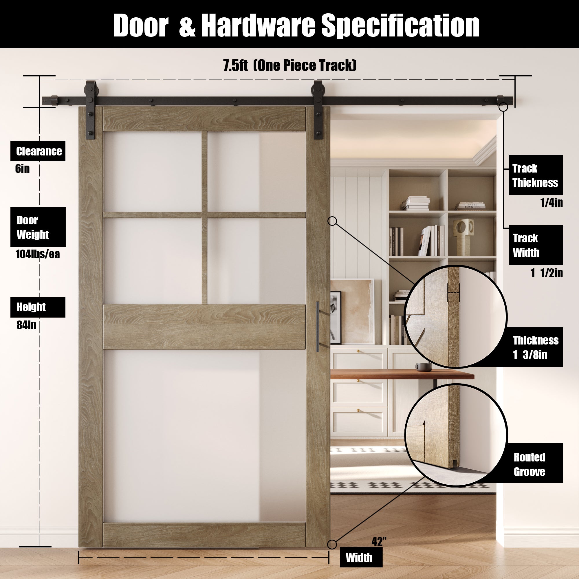 84" Height Classic Gray 5-Lite Frosted Glass Unassembled & Finished Pine Wood Barn Door with Non-Bypass Installation Hardware Kit (Interior Use Only)